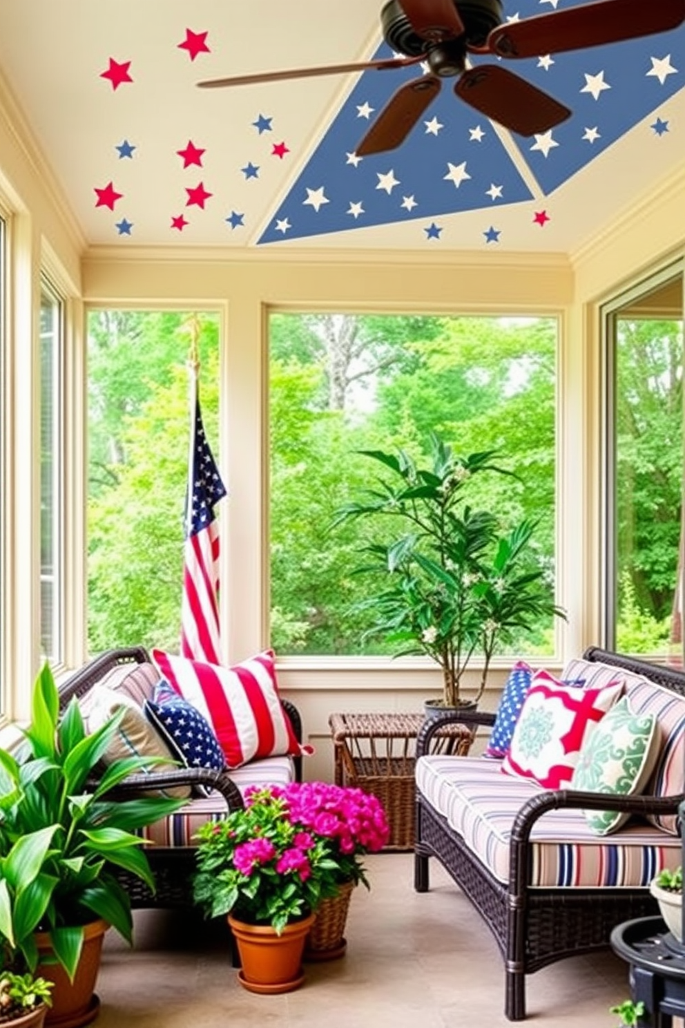 A festive sunroom decorated for Memorial Day features a vibrant garland of stars and stripes draped across the windows. The space is filled with comfortable seating adorned with red, white, and blue cushions, creating a cheerful and inviting atmosphere.