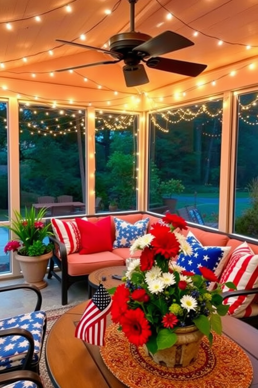 A cozy sunroom adorned with outdoor string lights creates a warm and inviting atmosphere for evening gatherings. The lights are draped gracefully across the ceiling, casting a soft glow over the comfortable seating area filled with vibrant cushions and potted plants. For Memorial Day, the sunroom is decorated with red, white, and blue accents, including throw pillows and a festive table centerpiece. Fresh flowers in patriotic colors are arranged in a rustic vase, enhancing the celebratory spirit of the occasion.