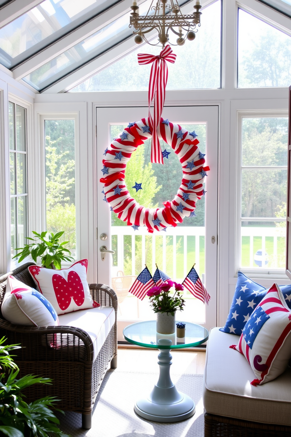 A bright sunroom filled with natural light features a DIY wreath adorned with stars and stripes hanging on the front door. Inside, a cozy seating area is decorated with red, white, and blue cushions, and a small table holds a festive centerpiece with miniature flags and fresh flowers.