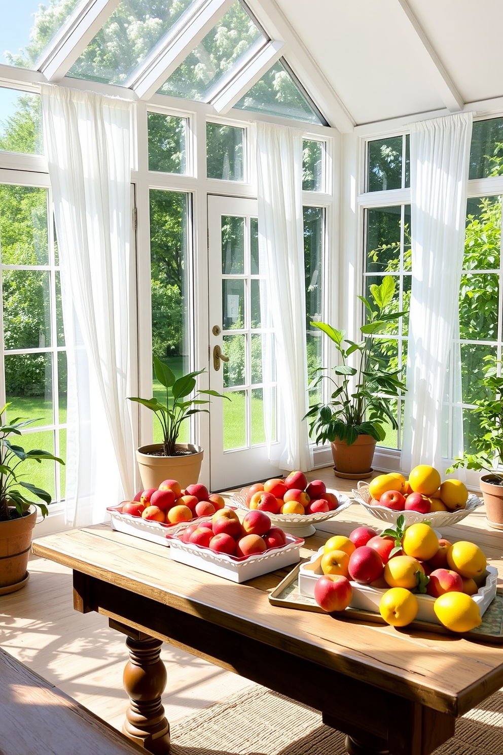 A bright and airy sunroom filled with natural light. Decorative trays are arranged on a rustic wooden table, showcasing an assortment of vibrant summer fruits like peaches, strawberries, and lemons. The sunroom features large windows draped with sheer white curtains, allowing the sunlight to filter in softly. Potted plants are placed in the corners, adding a touch of greenery and enhancing the inviting atmosphere.