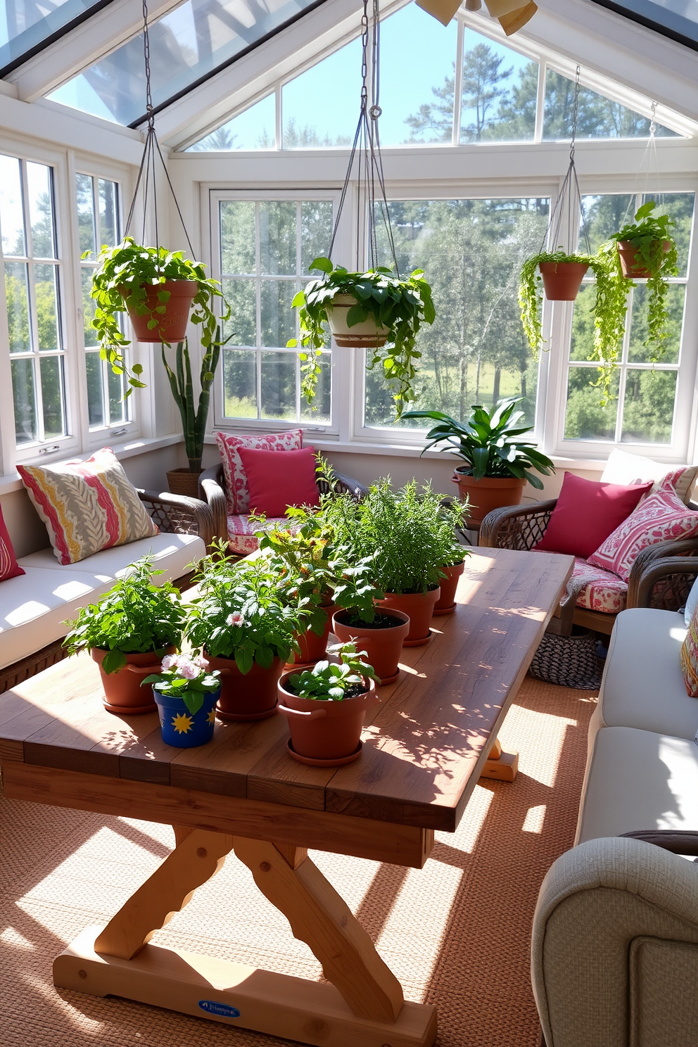 A bright and airy sunroom filled with potted herbs such as basil, rosemary, and mint arranged on a rustic wooden table. Sunlight pours in through large windows, creating a warm and inviting atmosphere perfect for enjoying fresh summer scents. Decorative elements include soft, comfortable seating adorned with colorful throw pillows and a woven rug underfoot. Hanging planters with trailing vines add a touch of greenery while celebrating the spirit of Memorial Day with subtle patriotic accents.