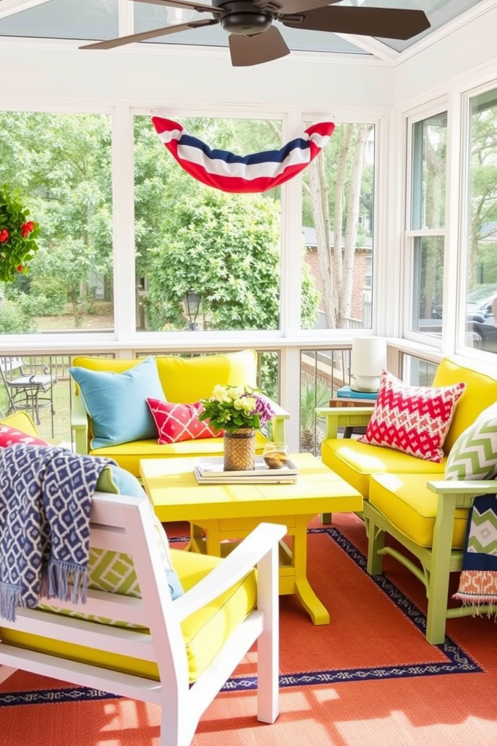 A sunroom filled with natural light features a rustic wooden table at its center. On the table, an arrangement of red white and blue candles creates a festive atmosphere for Memorial Day. Surrounding the table, comfortable seating in soft neutral tones invites relaxation. Lush green plants in decorative pots add a refreshing touch to the space, enhancing the patriotic theme.