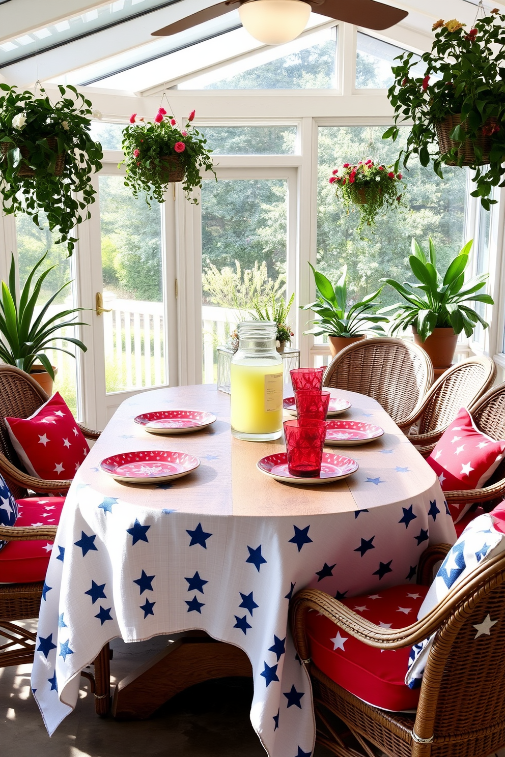 A sunroom filled with natural light featuring wicker chairs adorned with vibrant, patterned cushions. The space is decorated with potted plants and light sheer curtains that flutter gently in the breeze.