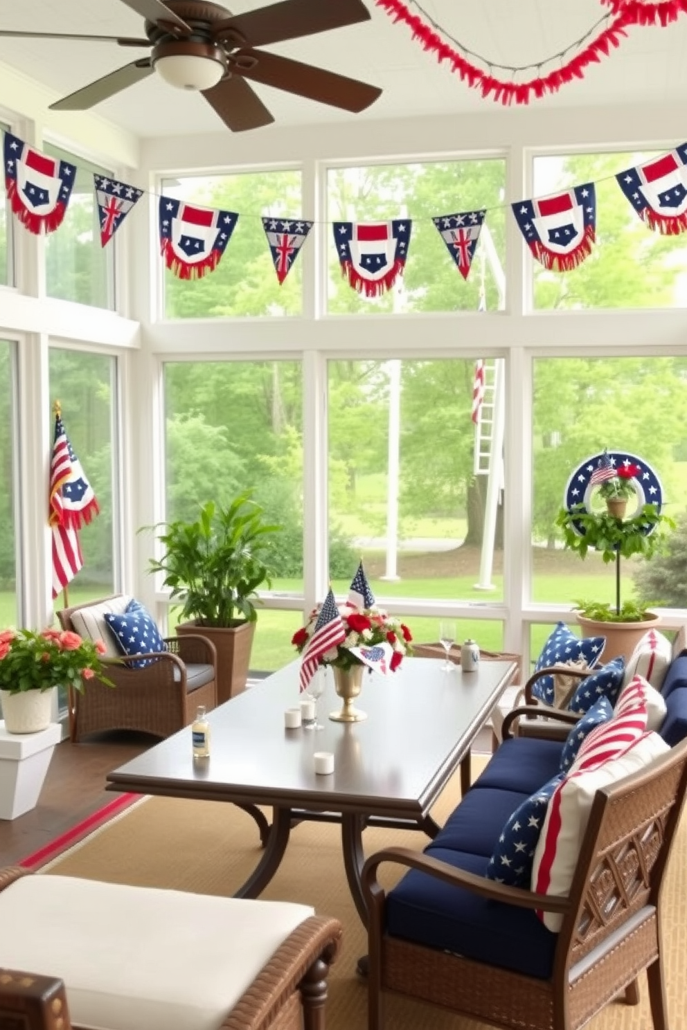 A bright and airy sunroom filled with an array of lush green plants. Each plant is beautifully displayed in vibrant red, white, and blue pots, creating a festive and patriotic atmosphere for Memorial Day.