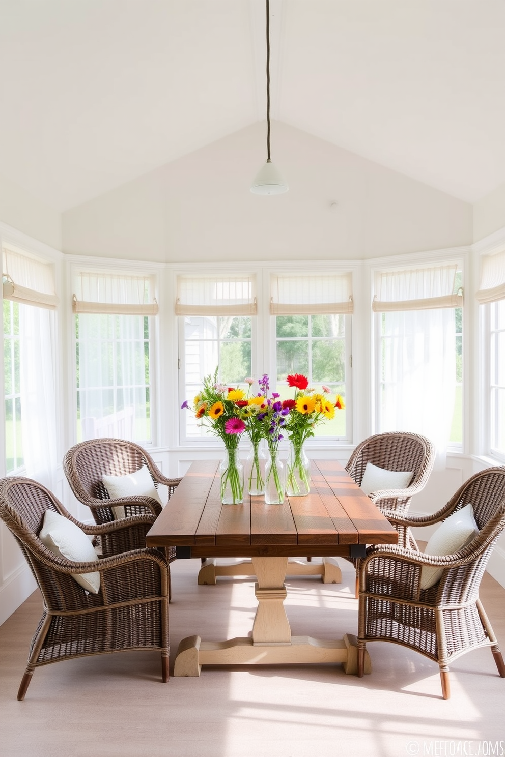 A bright sunroom filled with natural light features large windows adorned with sheer white curtains. In the center, a rustic wooden table is surrounded by comfortable wicker chairs, creating a cozy gathering space. On the table, several glass vases filled with vibrant wildflowers add a cheerful touch to the decor. The walls are painted a soft pastel color, enhancing the serene atmosphere of the sunroom.