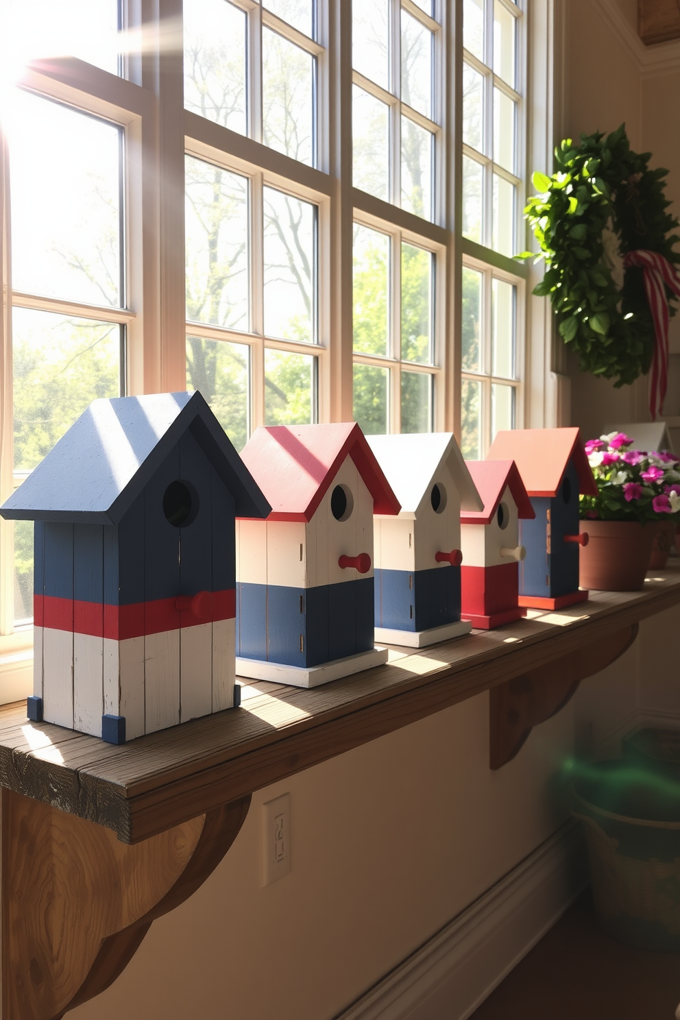 Charming birdhouses painted in red white and blue are arranged on a rustic wooden shelf in the sunroom. Sunlight streams through large windows, illuminating the vibrant colors and creating a festive atmosphere.