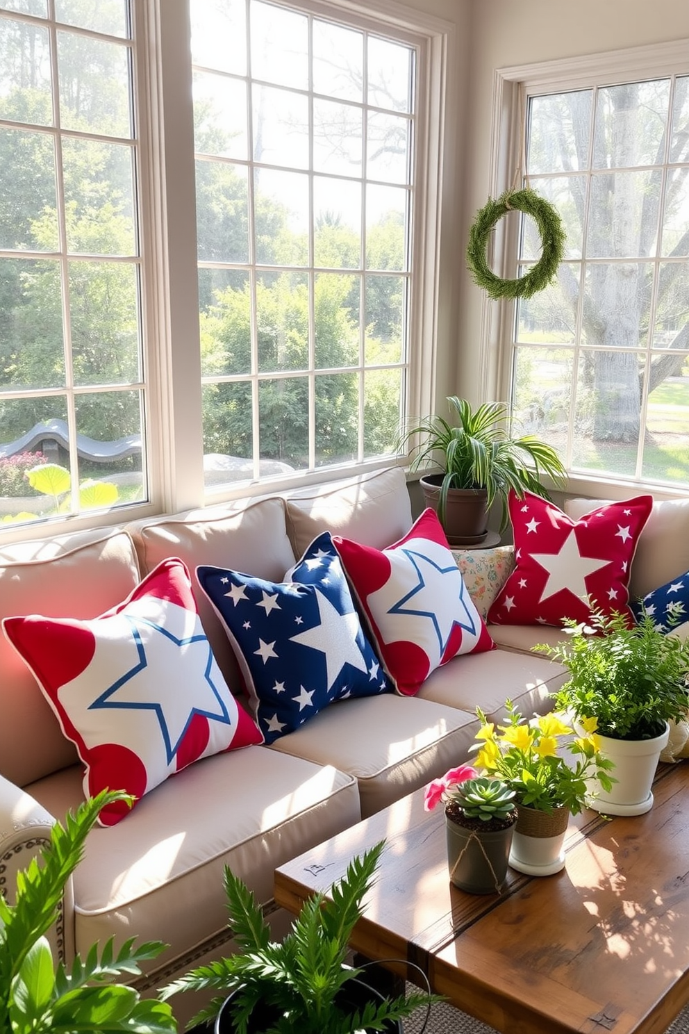 Rustic wooden shelves are adorned with a variety of potted plants and decorative items that evoke a warm and inviting atmosphere. The sunroom is filled with natural light, highlighting the earthy tones of the wooden shelves and the vibrant colors of the greenery. For Memorial Day, the sunroom features a patriotic theme with red, white, and blue accents. Cozy seating arrangements are complemented by throw pillows and blankets that celebrate the holiday spirit.