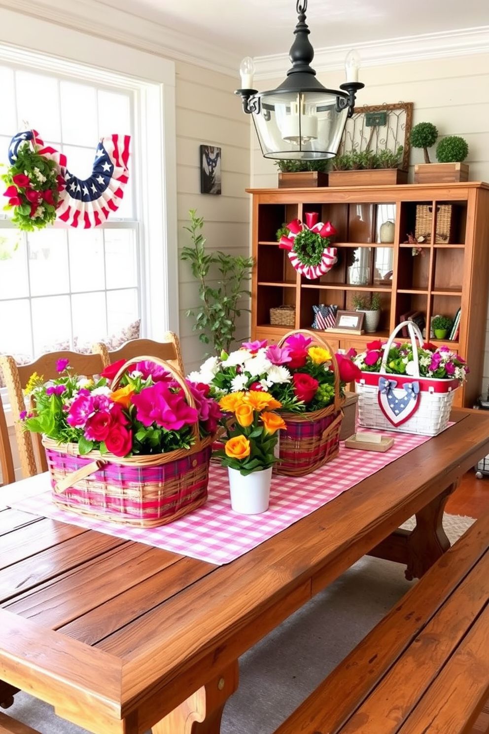 A festive sunroom is adorned with colorful picnic baskets arranged artfully on a rustic wooden table. The baskets are filled with vibrant flowers and greenery, creating a cheerful atmosphere perfect for Memorial Day celebrations.