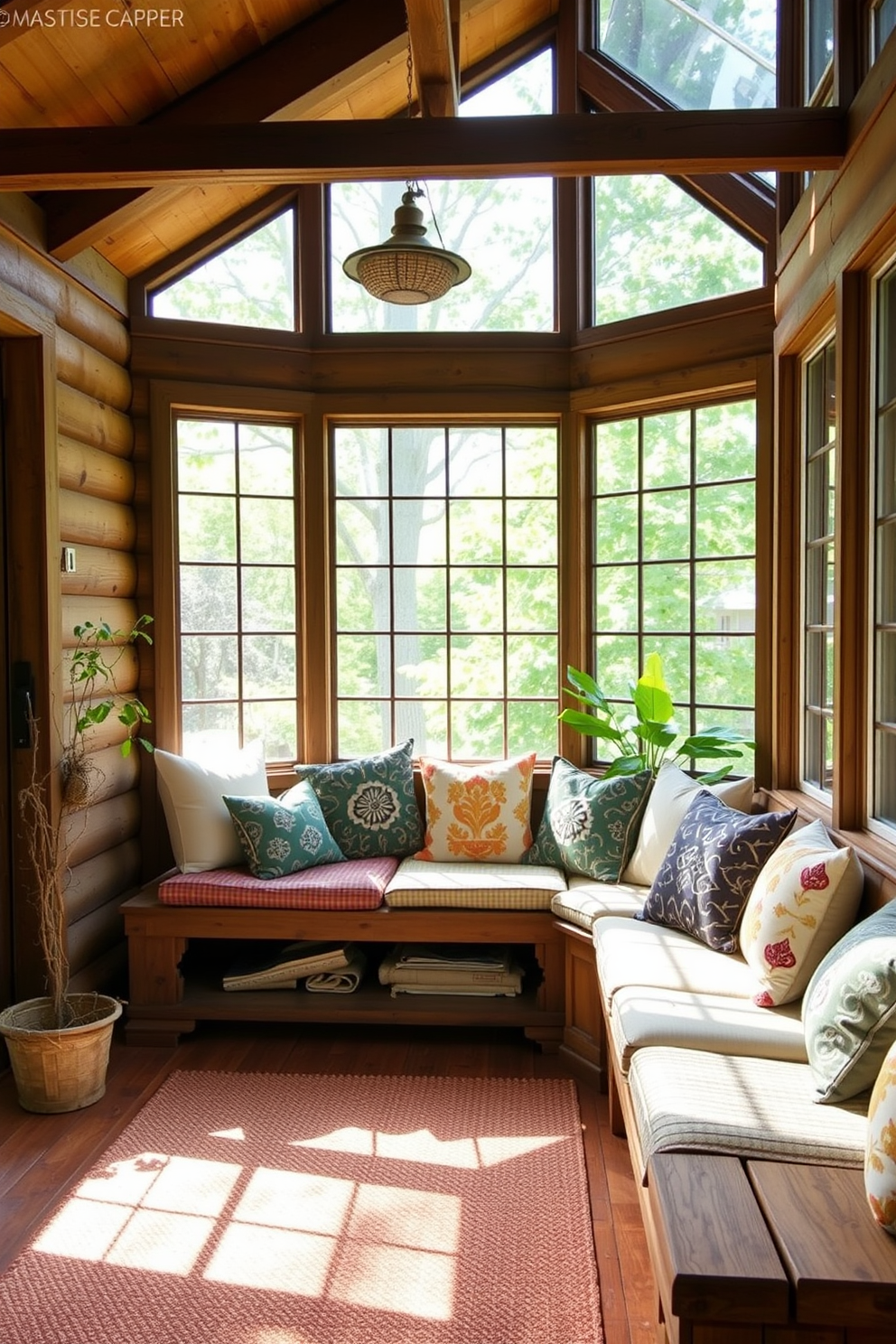 A cozy sunroom featuring rustic wooden benches adorned with soft, colorful cushions. The space is filled with natural light streaming through large windows, creating an inviting atmosphere perfect for relaxation.