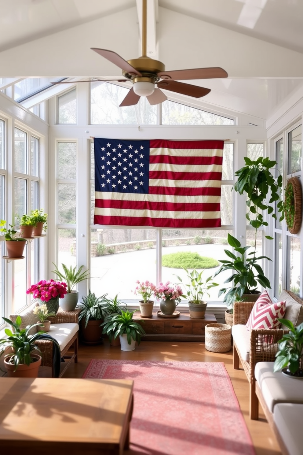 A sunroom adorned with a star-spangled banner as the focal point of the wall decor. The space features comfortable seating with vibrant cushions and a rustic wooden coffee table surrounded by lush greenery.