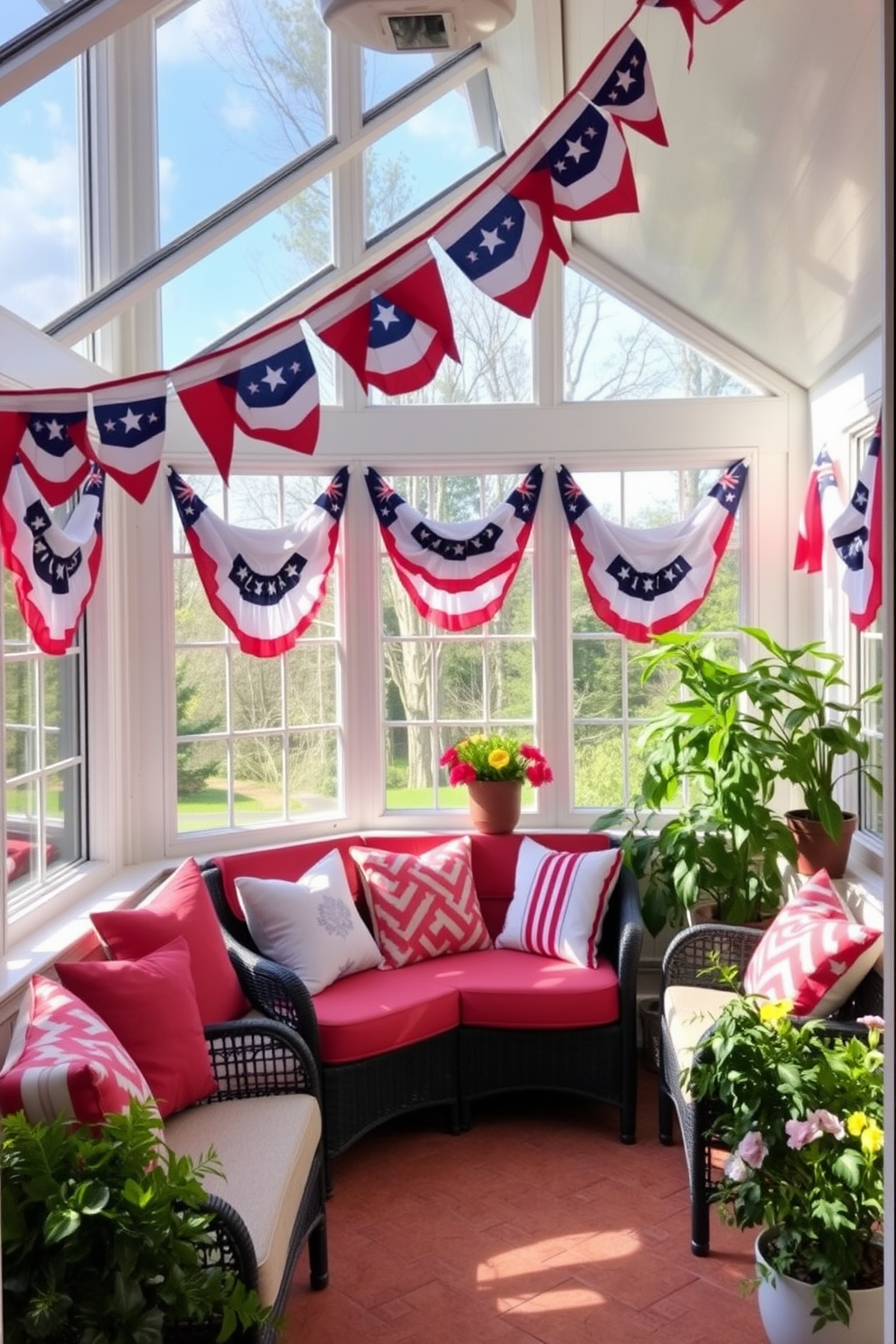 A cheerful sunroom adorned with bunting flags draped across the windows creates a festive atmosphere for Memorial Day. The space is filled with comfortable seating, vibrant cushions, and potted plants that enhance the inviting ambiance.