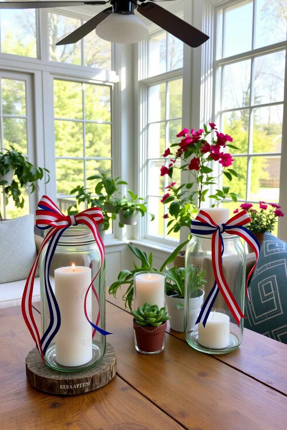 A sunroom filled with natural light showcases festive mason jar candle holders adorned with red, white, and blue ribbons. The candle holders are placed on a rustic wooden table surrounded by comfortable seating and vibrant potted plants.