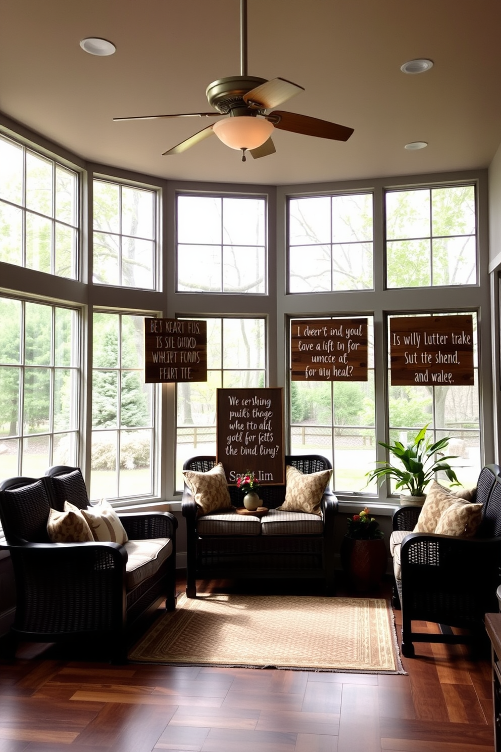 Rustic wooden signs displaying heartfelt quotes are strategically placed throughout the sunroom. The sunroom features large windows allowing natural light to flood in, highlighting the warm tones of the wooden signs and the cozy seating area.