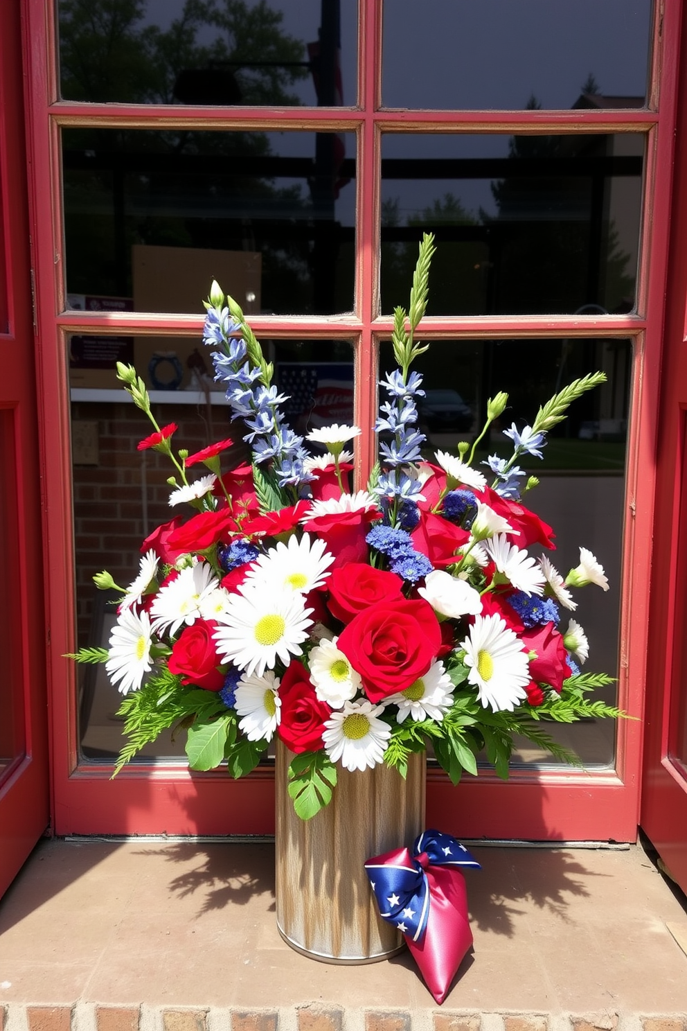 Create a vibrant window display featuring red white and blue floral arrangements that celebrate Memorial Day. The arrangement should include a mix of seasonal flowers such as daisies and roses in a rustic vase, with greenery accents for added texture.