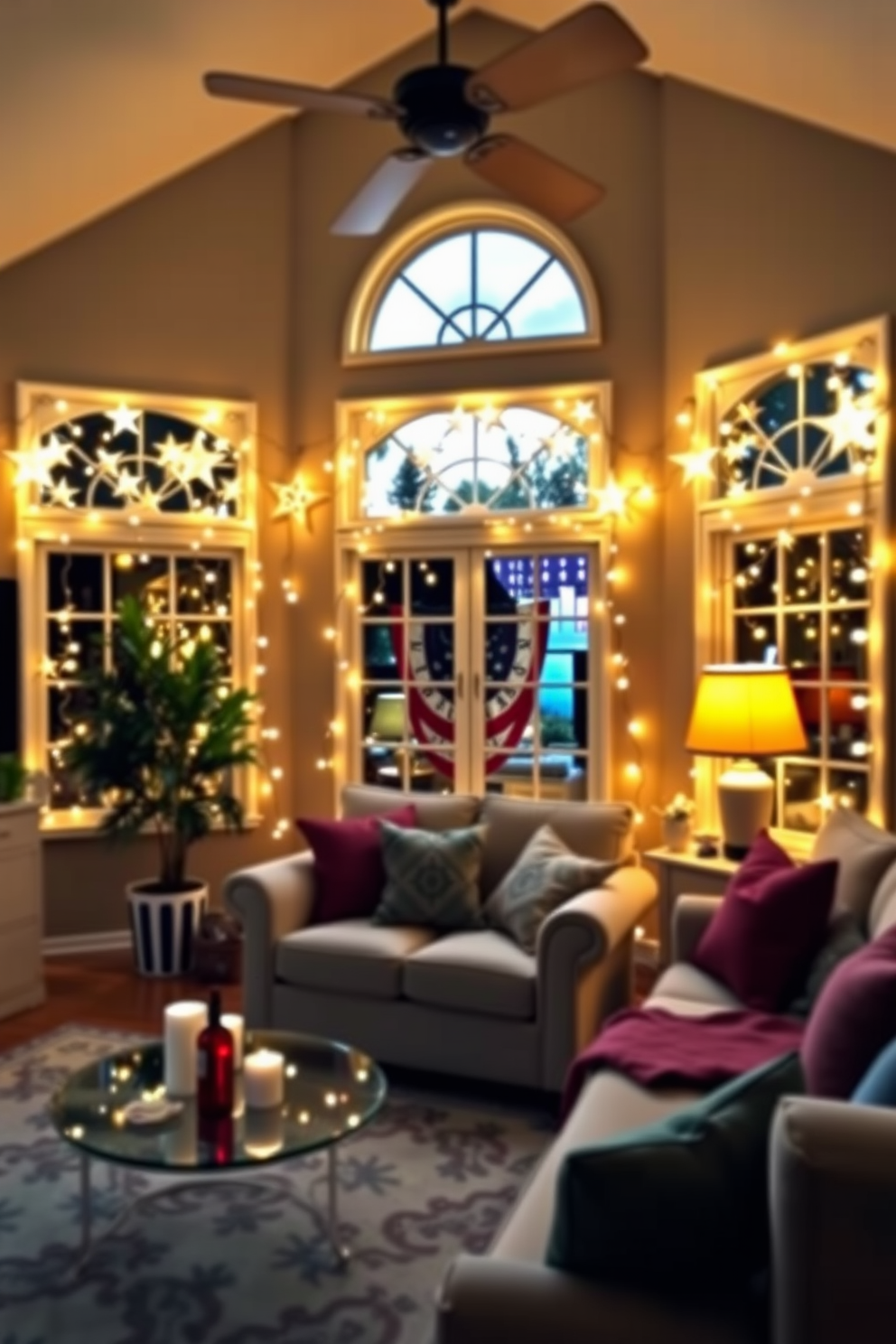 A cozy living room adorned with star shaped fairy lights draped elegantly around the windows. The warm glow of the lights creates a festive atmosphere, perfect for celebrating Memorial Day with family and friends.