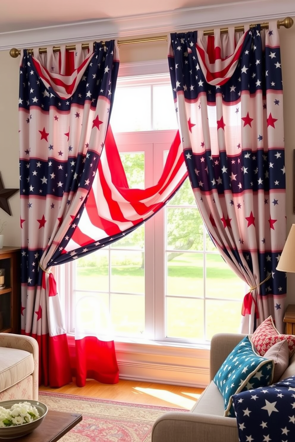 A patriotic themed wall art gallery features an array of framed artwork showcasing American flags and symbols of freedom. The gallery is arranged in a cohesive layout, with red white and blue accents complementing the overall decor. For Memorial Day window decorating ideas, sheer white curtains are paired with vibrant red and blue tiebacks. Hanging small flags and star-shaped ornaments in the window adds a festive touch to the celebration.