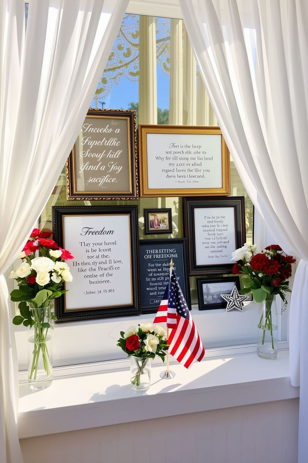 A serene window display featuring framed quotes about freedom and sacrifice. The quotes are elegantly arranged with a mix of vintage and modern frames, surrounded by fresh flowers and patriotic decor. The window is adorned with sheer white curtains that gently filter the sunlight. A small American flag is placed on the windowsill, complementing the overall theme of remembrance and honor.