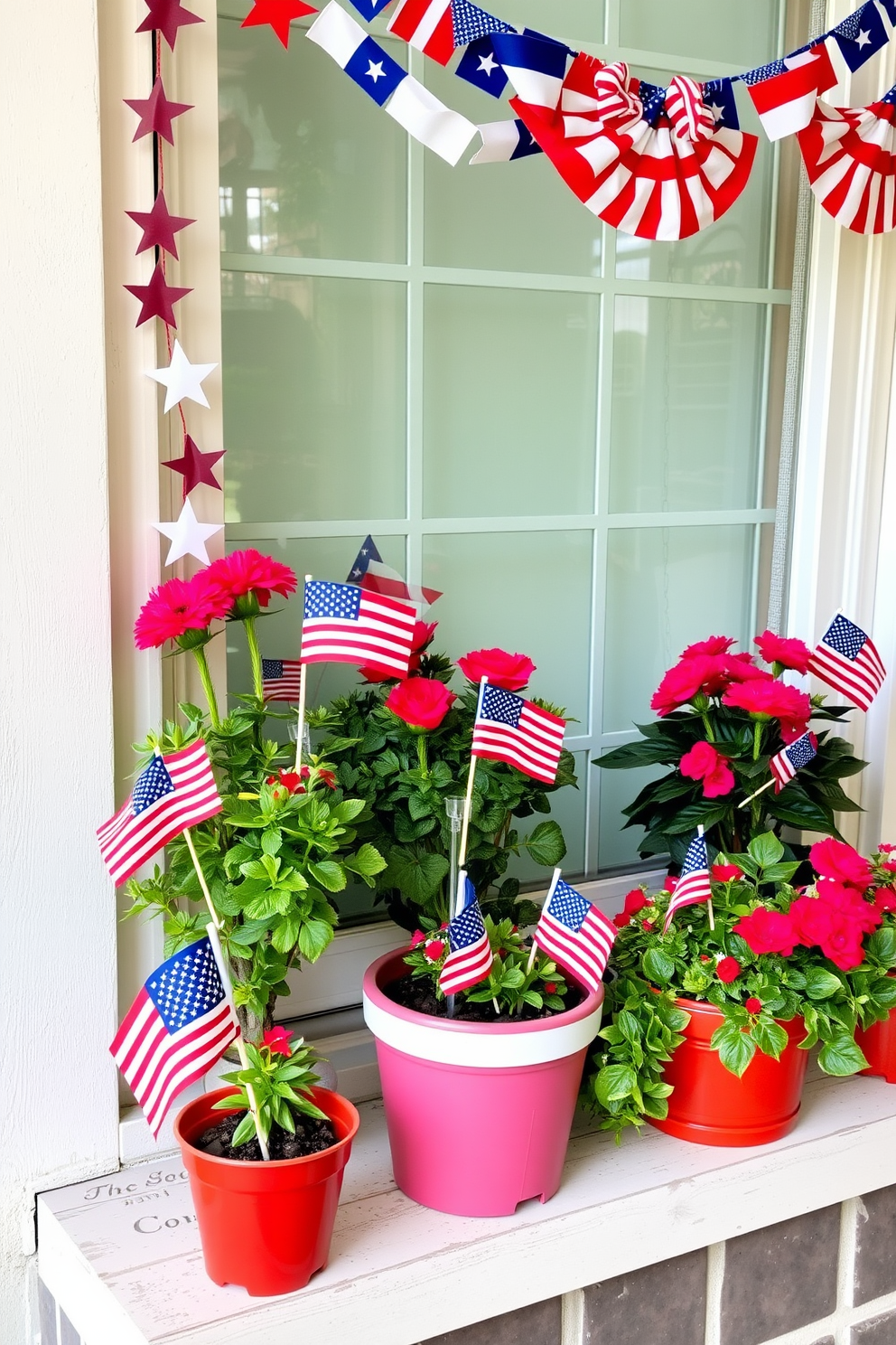 String lights with star motifs drape gracefully across the window, creating a whimsical and festive atmosphere. The soft glow of the lights illuminates the space, enhancing the patriotic theme of Memorial Day. Delicate fabric bunting in red, white, and blue is hung alongside the lights, adding a touch of elegance to the display. Potted flowers in vibrant colors sit on the windowsill, complementing the overall decor and bringing a fresh feel to the setting.