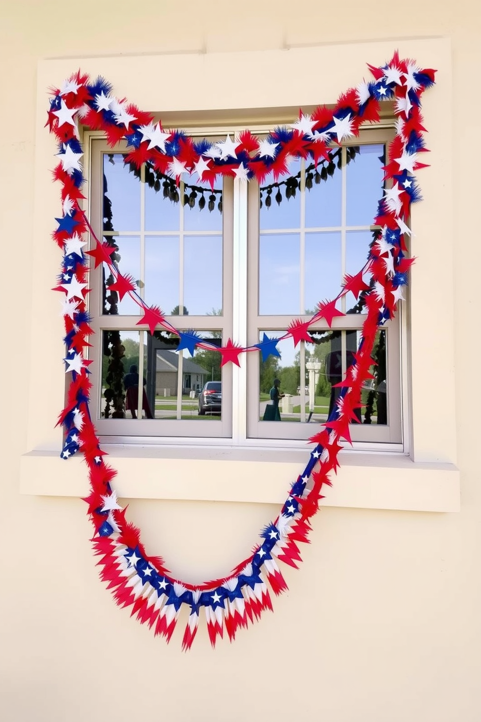 Create a festive window display adorned with red white and blue garlands draped elegantly across the windows. The garlands should feature a mix of stars and stripes, capturing the spirit of Memorial Day while adding a cheerful touch to the decor.