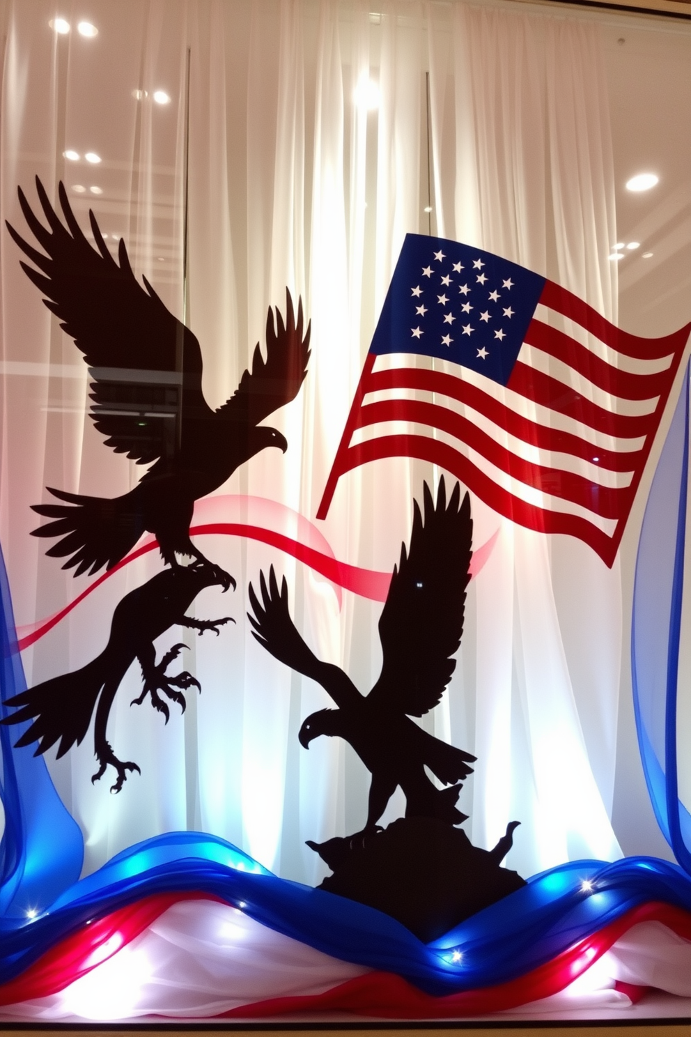 Create a stunning window display for Memorial Day featuring silhouettes of eagles and flags. The design should incorporate layered fabric in red, white, and blue, with strategically placed lights to highlight the patriotic theme.