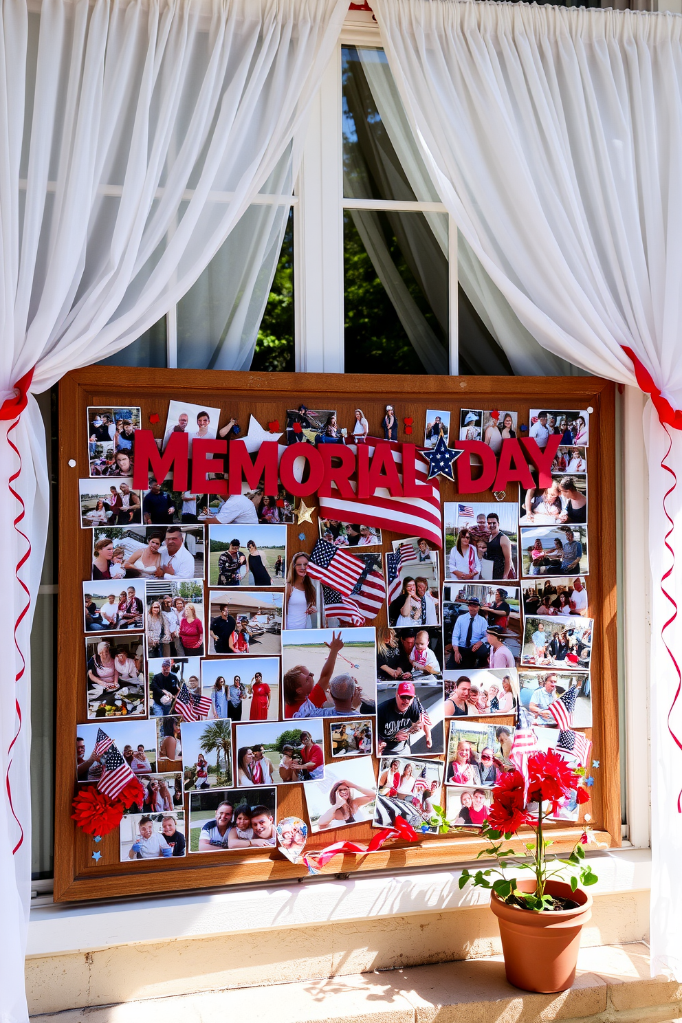 A vibrant Memorial Day photo collage is displayed on a large wooden board, featuring images of family gatherings, barbecues, and patriotic celebrations. The collage is adorned with red, white, and blue decorations, including small flags and star-shaped confetti. The window is decorated with flowing white curtains, allowing natural light to filter through, enhancing the festive atmosphere. Red and blue bunting hangs across the top, while potted flowers in matching colors sit on the windowsill, creating a cheerful and inviting look.