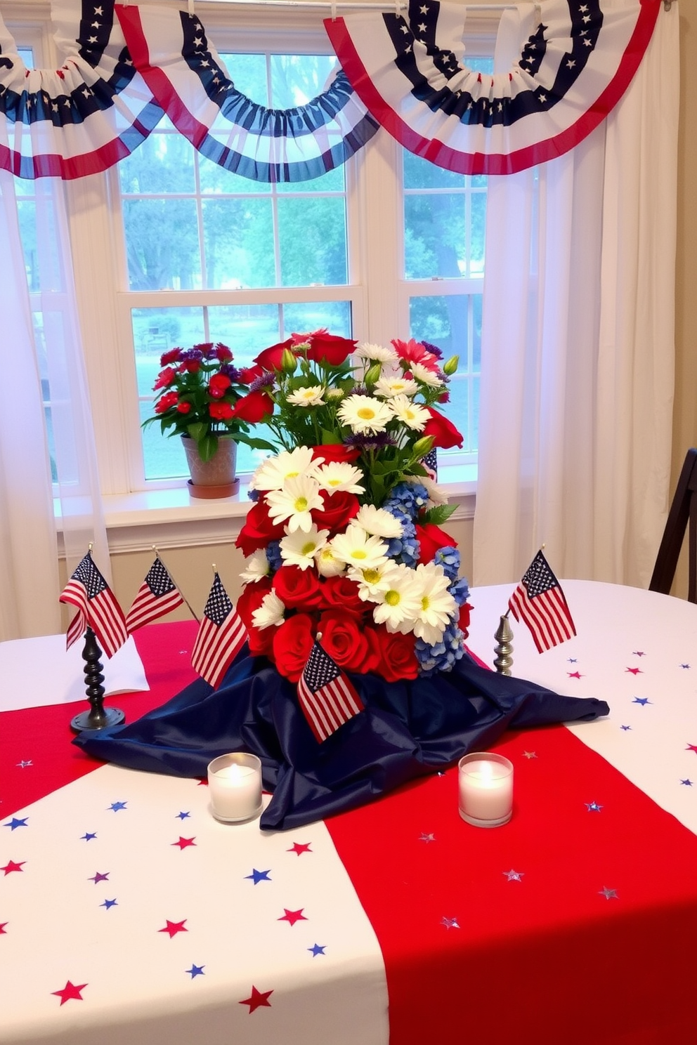 A patriotic themed table centerpiece featuring a large red white and blue tablecloth adorned with small American flags and a central floral arrangement of red roses white daisies and blue hydrangeas. Surrounding the centerpiece are decorative stars and stripes candles that add a warm glow to the festive atmosphere. For Memorial Day window decorating ideas use sheer white curtains with subtle star patterns to create an airy feel. Hang red white and blue bunting along the window frame complemented by potted plants in patriotic colors placed on the windowsill.