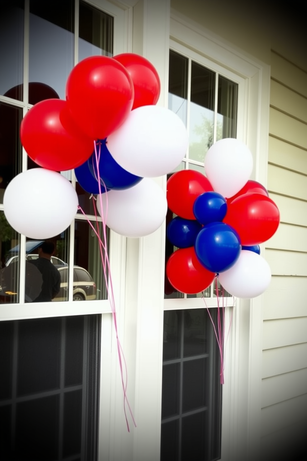 Red white and blue balloons are arranged in clusters at the windows, creating a festive atmosphere for Memorial Day. The balloons sway gently in the breeze, adding a touch of color and celebration to the exterior view.