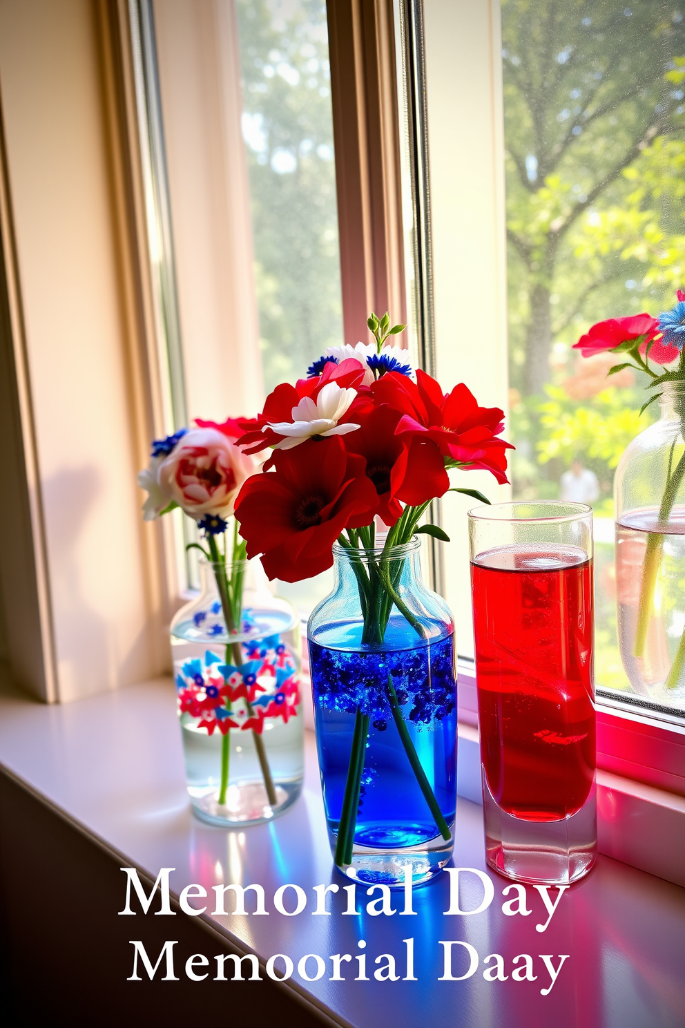 Decorative glass vases filled with vibrant colored water are elegantly arranged on a windowsill. The sunlight filters through the glass, casting beautiful reflections and enhancing the festive atmosphere of Memorial Day. The vases are adorned with red white and blue flowers symbolizing the holiday. This cheerful display creates a welcoming ambiance and pays tribute to the spirit of Memorial Day.