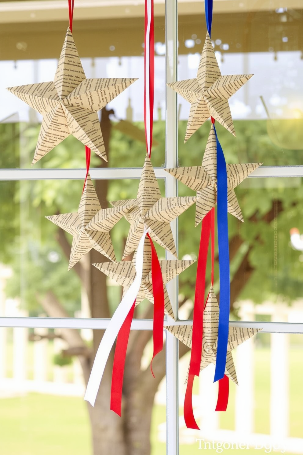 Hanging stars made from recycled materials create a unique and eco-friendly display for your Memorial Day decorations. These stars, crafted from items like old newspapers and cardboard, add a rustic charm to your windows. To enhance the festive atmosphere, consider incorporating red, white, and blue ribbons to complement the stars. This combination not only honors the holiday but also showcases creativity and sustainability in your decor.