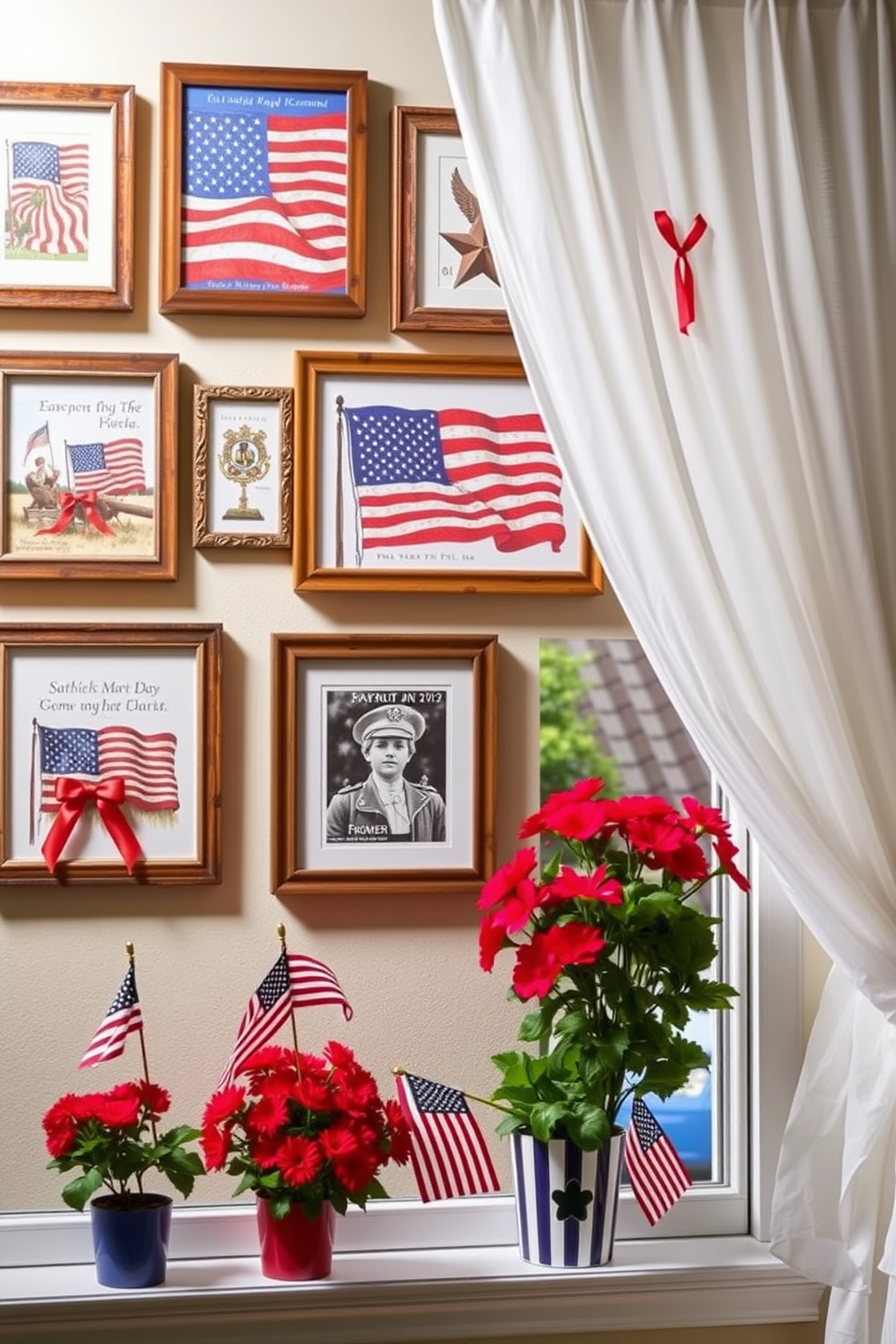 Patriotic themed art prints are elegantly arranged in a gallery wall format, featuring a mix of framed prints showcasing the American flag and iconic symbols of freedom. The prints are complemented by rustic wooden frames that enhance the overall aesthetic of the display. For Memorial Day window decorating ideas, sheer white curtains flutter gently in the breeze, adorned with red and blue ribbon accents. Potted flowers in vibrant colors are placed on the windowsill, alongside small flags that add a festive touch to the decor.