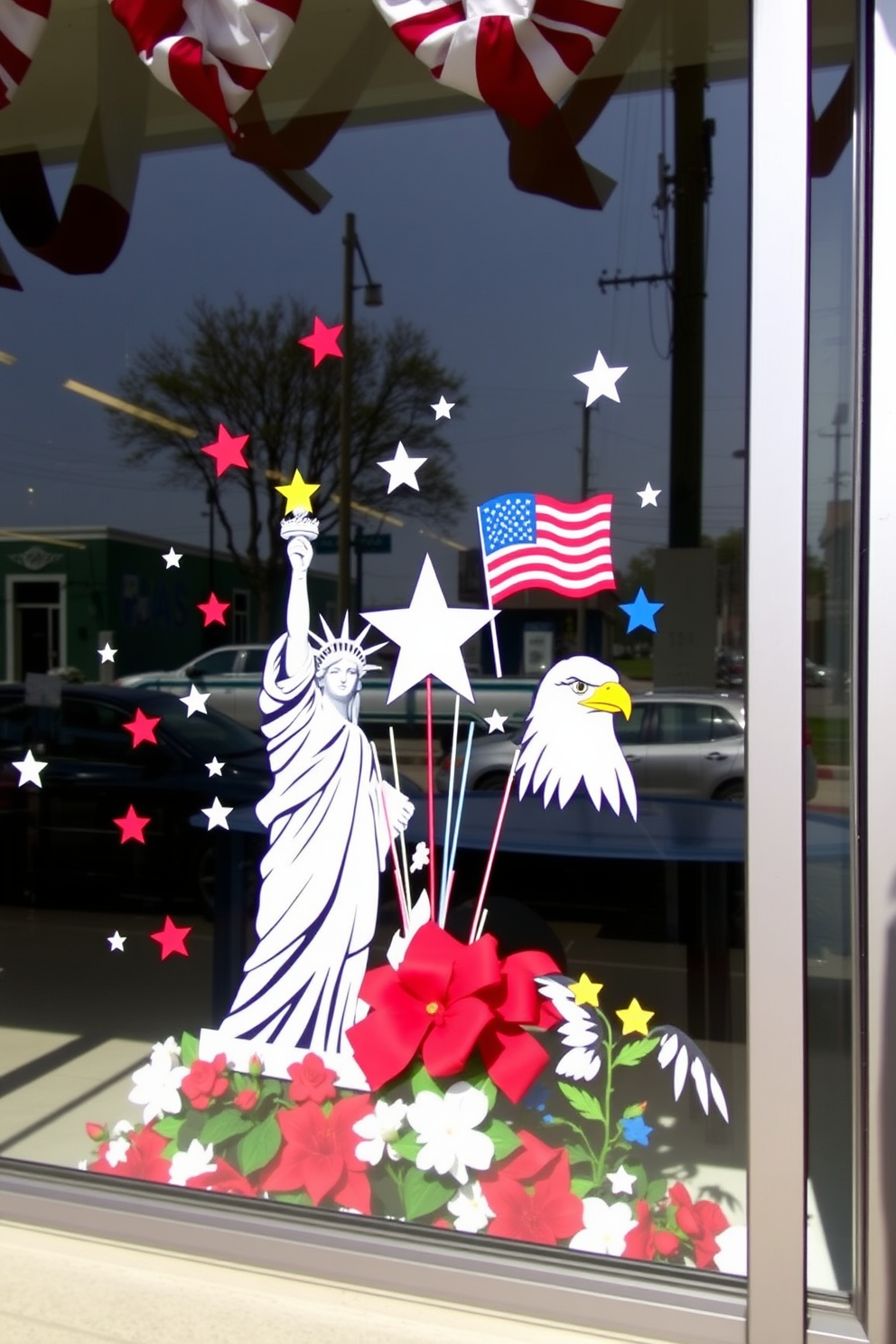 A festive window display celebrating Memorial Day features a cake stand adorned with red white and blue decorations. The stand showcases a beautifully decorated cake topped with fresh berries and surrounded by patriotic-themed accents like small flags and star-shaped confetti.