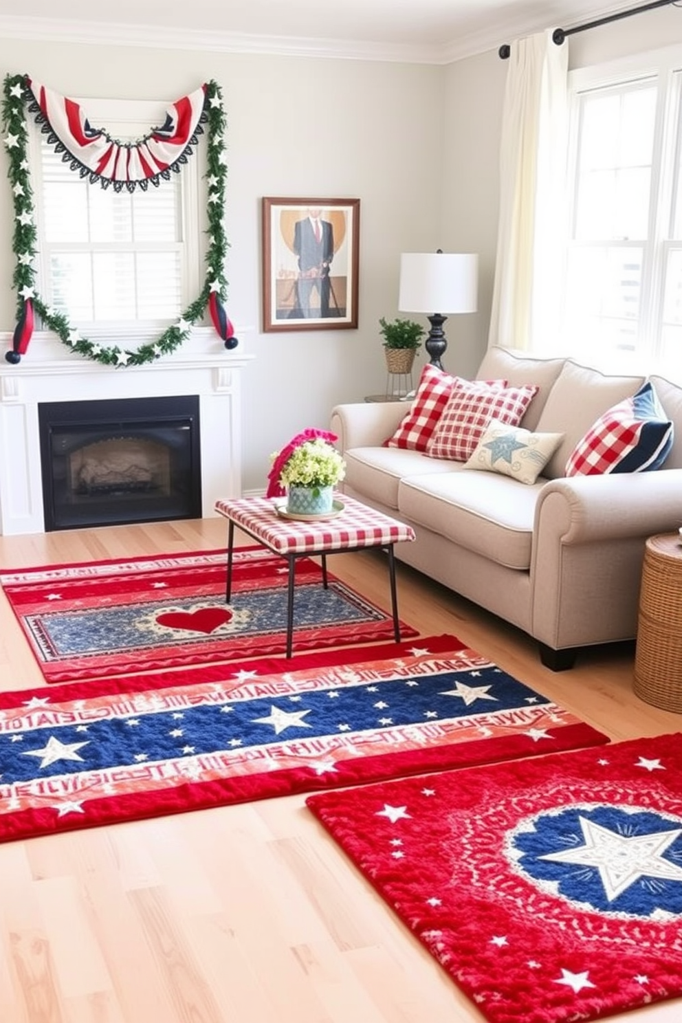 A beautifully set dining table featuring festive napkins and elegant tableware in red, white, and blue colors. The table is adorned with fresh flowers and patriotic-themed decorations, creating a warm and inviting atmosphere for Memorial Day celebrations. A bright and cheerful window display showcasing red, white, and blue bunting along with tasteful decorations. The window is framed with potted plants and candles, enhancing the festive spirit of the Memorial Day holiday.