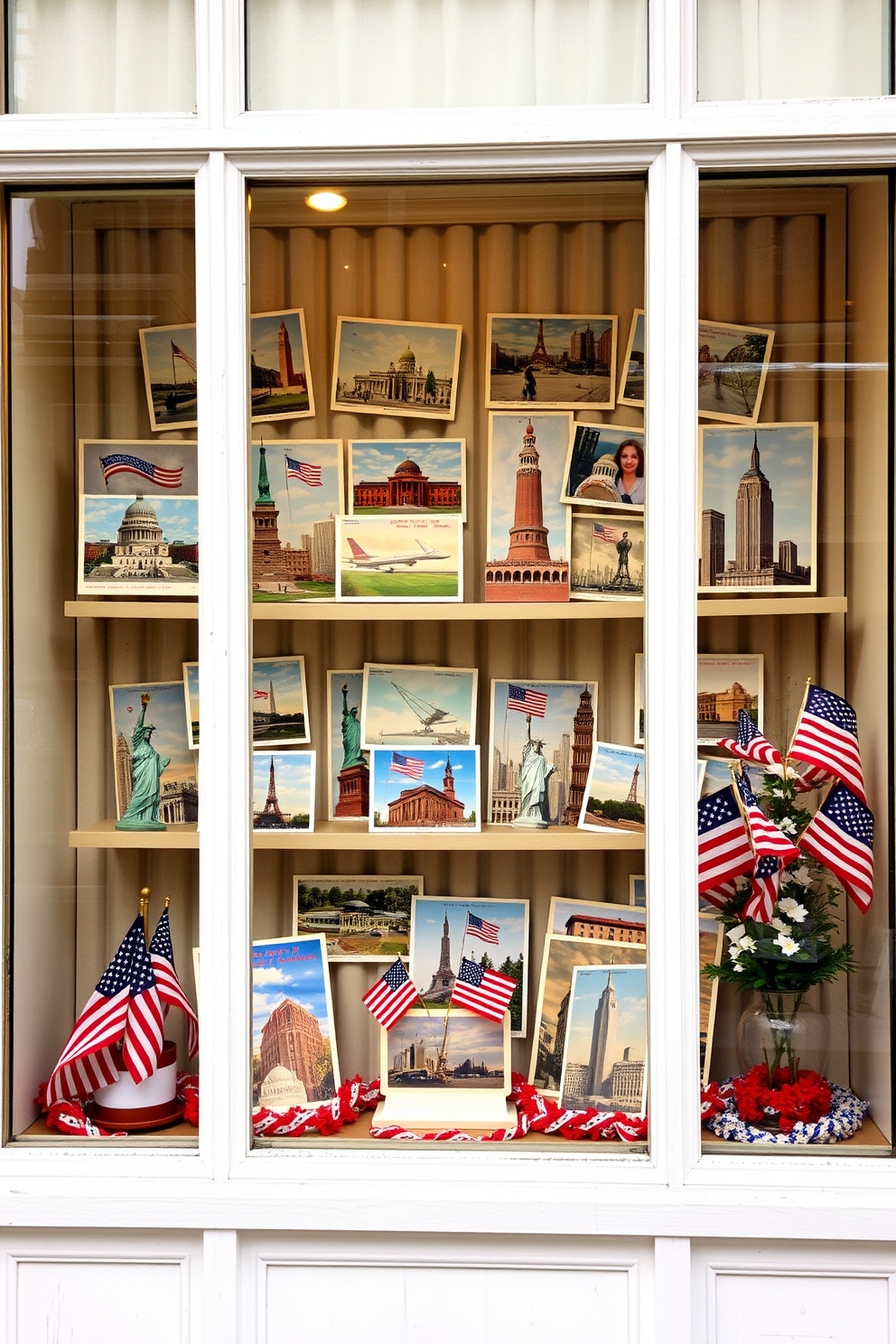 Create a charming window display featuring vintage postcards of iconic American landmarks. The arrangement should evoke a sense of nostalgia, with the postcards artistically layered and framed against a soft, neutral backdrop. Incorporate elements that celebrate Memorial Day, such as small flags or red, white, and blue accents. The overall look should be inviting and festive, capturing the essence of American pride and history.