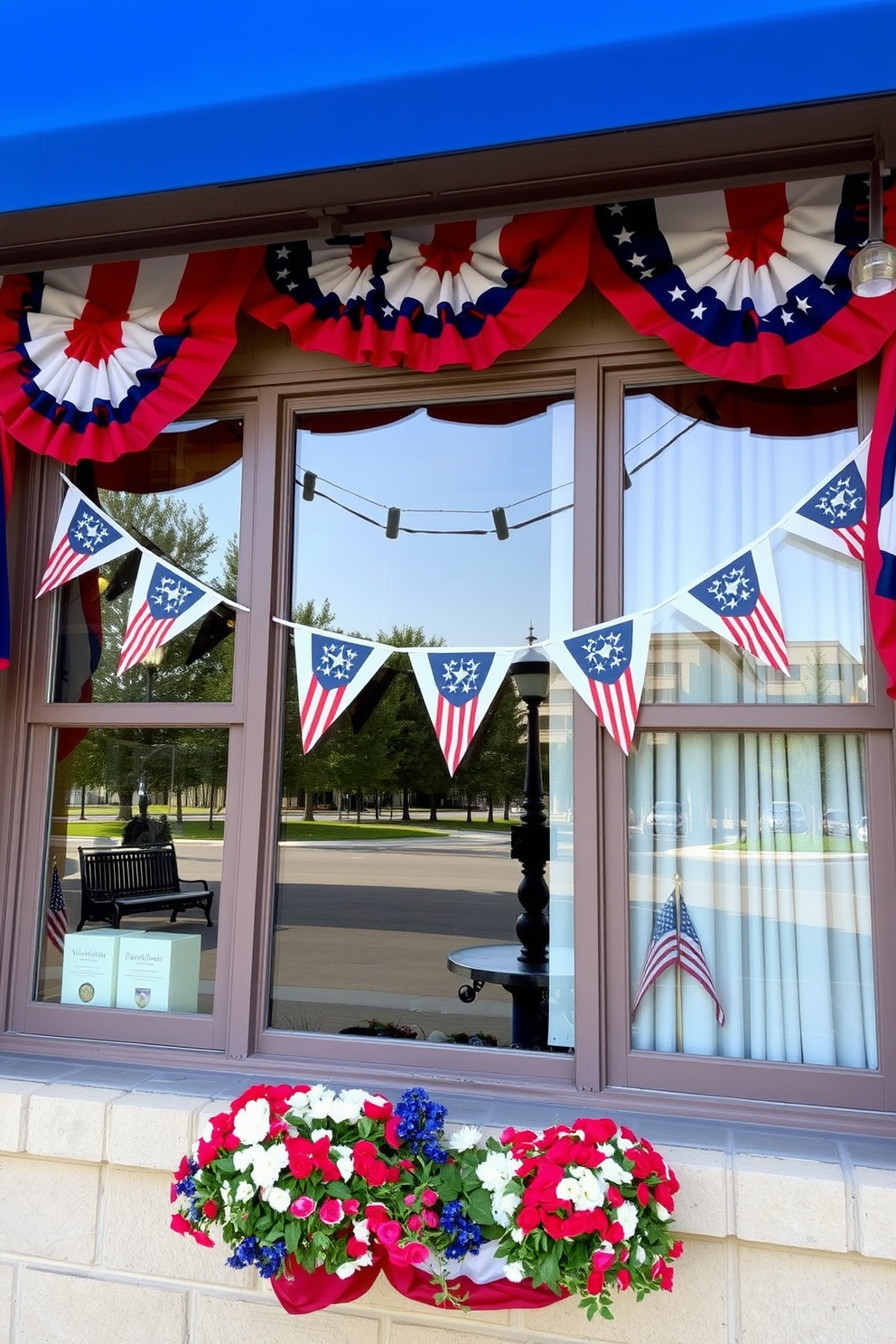 A festive table centerpiece featuring a vibrant arrangement of red white and blue flowers in a rustic wooden box. The arrangement is accented with small American flags and decorative stars creating a patriotic display for Memorial Day. A beautifully decorated window showcasing sheer white curtains adorned with red and blue ribbons. Hanging from the window are small wreaths made of artificial flowers and stars adding a charming touch to the Memorial Day celebration.