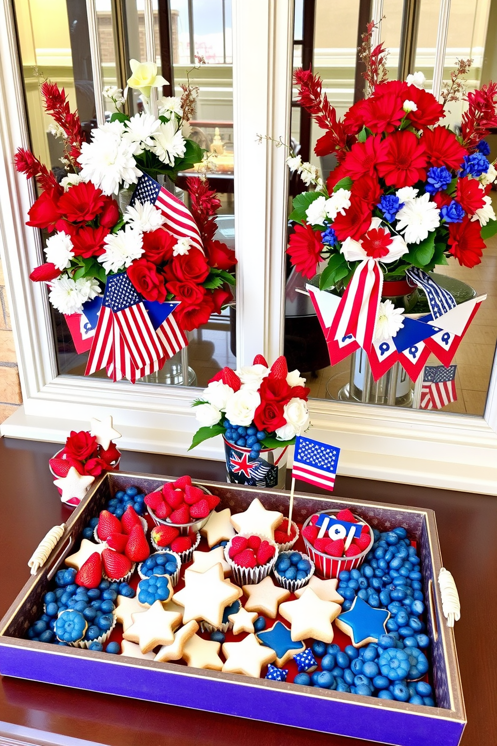 Decorative trays filled with an assortment of themed snacks showcase a vibrant array of colors and textures. Each tray features a mix of red, white, and blue treats, including strawberries, blueberries, and star-shaped cookies. For Memorial Day window decorating ideas, envision a display that incorporates patriotic elements such as flags and bunting. The windows are adorned with floral arrangements in red, white, and blue hues, creating a festive and inviting atmosphere.