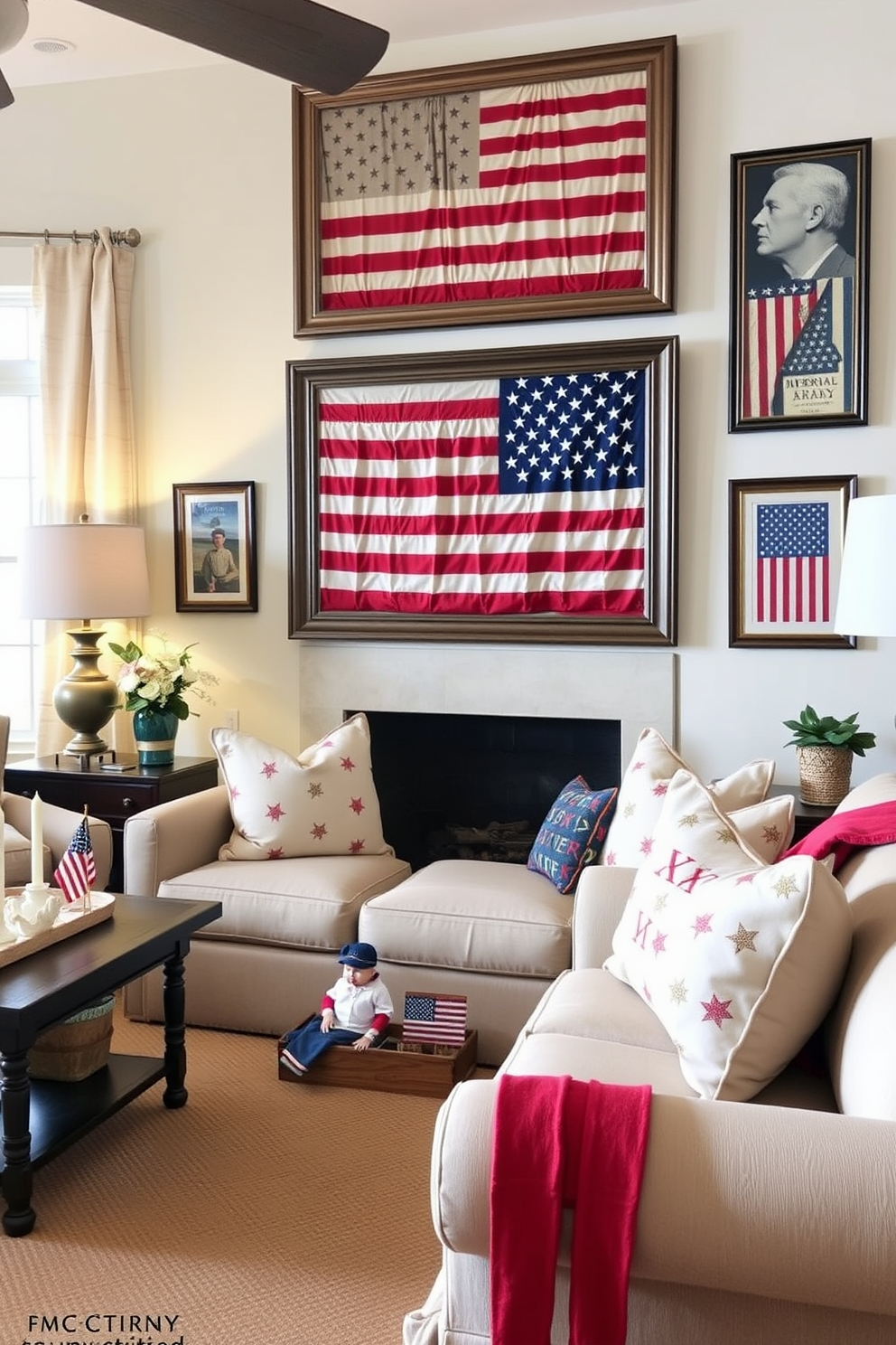 Create a cozy living room scene featuring vintage American flags elegantly framed and displayed on the walls. The decor should evoke a sense of nostalgia, with warm lighting and patriotic accents that celebrate Memorial Day.