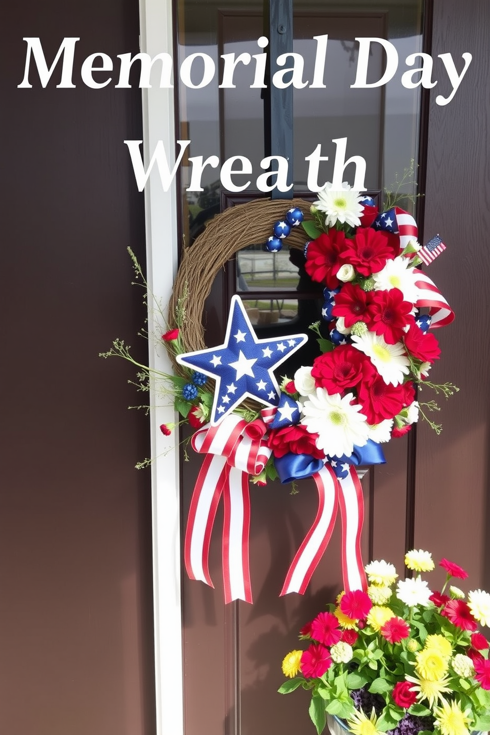 Create a stunning Memorial Day themed wreath for a front door. The wreath should be adorned with red white and blue flowers and ribbons with a rustic wooden base. Design a festive window display to celebrate Memorial Day. Incorporate stars and stripes along with potted flowers in patriotic colors to create a welcoming atmosphere.