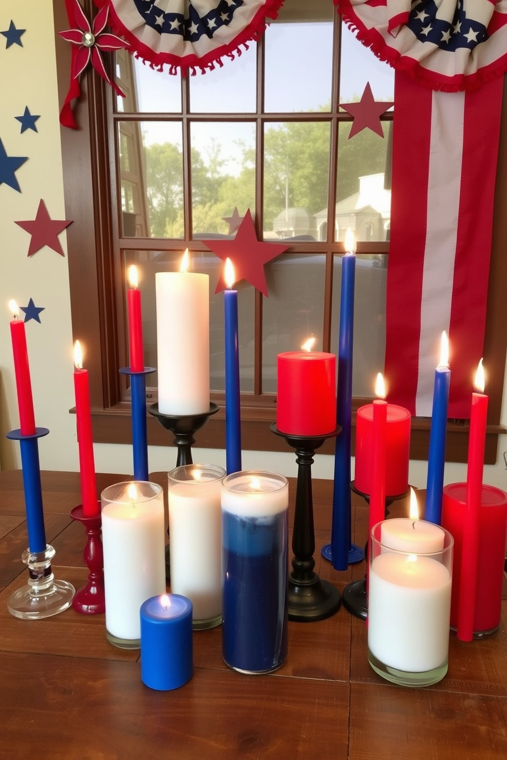 Candle displays featuring an array of red white and blue candles arranged artfully on a rustic wooden table. The backdrop includes a patriotic-themed window treatment adorned with stars and stripes, enhancing the festive atmosphere.