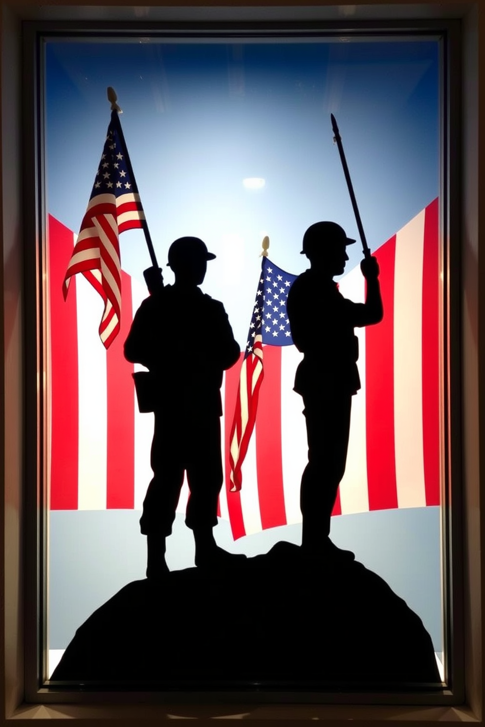 Create a striking window display for Memorial Day featuring silhouette cutouts of soldiers and flags. The silhouettes should be artistically arranged against a backdrop of patriotic colors, evoking a sense of honor and remembrance.