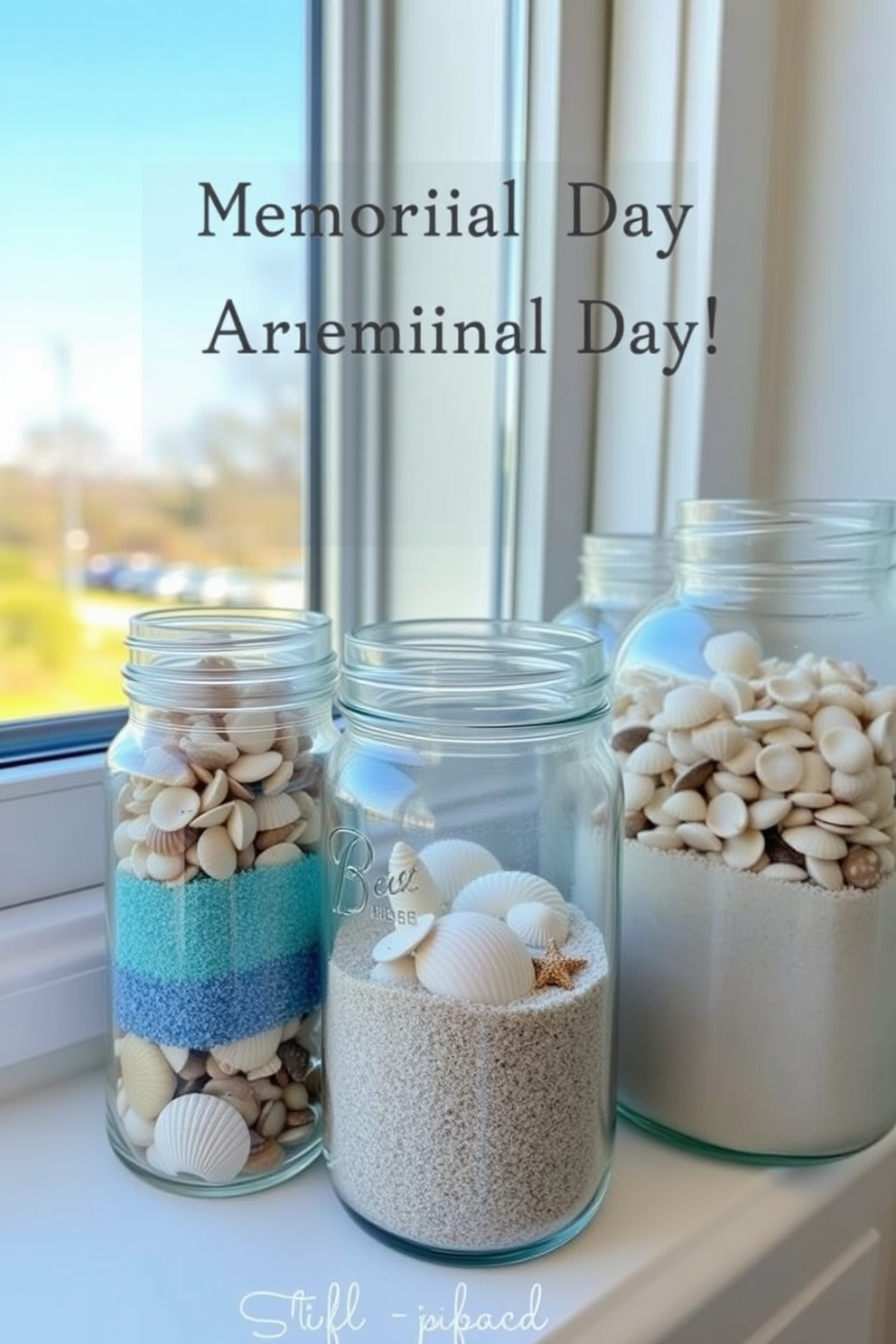 Candle lanterns in red white and blue are placed on the window sill creating a festive atmosphere for Memorial Day. The lanterns are adorned with stars and stripes adding a touch of patriotism to the decor.