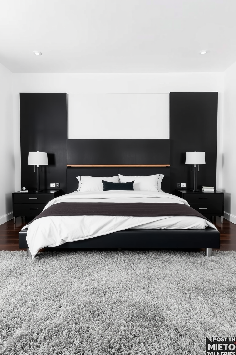 A modern minimalist men's bedroom design features a sleek black platform bed with crisp white linens. The room is accented by a black nightstand with a simple lamp and a geometric artwork above the bed. The walls are painted in a soft white, creating a bright and airy atmosphere. A large black dresser stands against one wall, while a cozy reading nook with a comfortable chair and a small bookshelf occupies the corner.