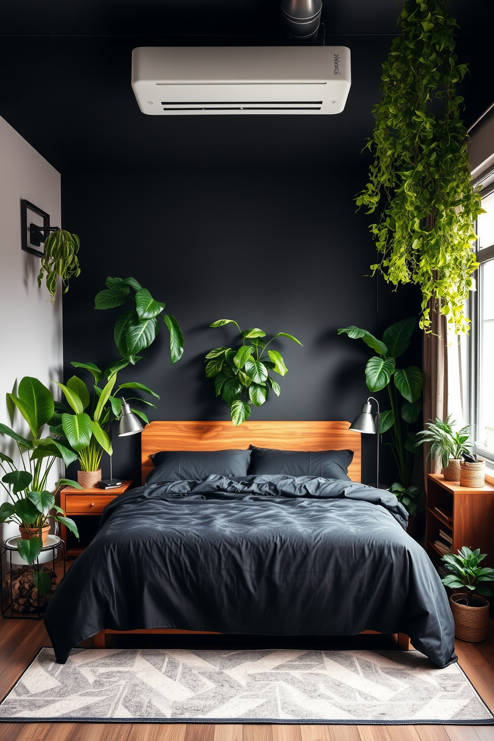 A stylish men's bedroom featuring an urban jungle theme. Lush indoor plants are strategically placed around the room, creating a vibrant and refreshing atmosphere. The bed is dressed in dark linens, complemented by a wooden headboard and industrial-style bedside lamps. A cozy reading nook with an armchair and a small bookshelf adds to the room's functionality and charm.