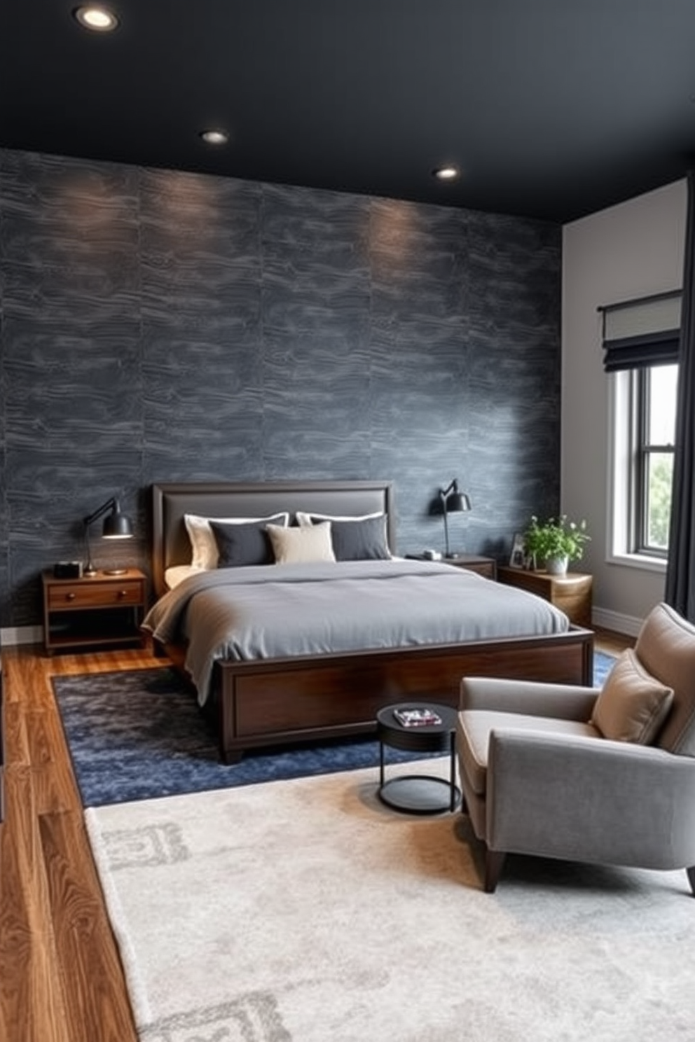 Textured wall panels create a striking backdrop that adds depth and style to a modern men's bedroom. The room features a plush king-sized bed with a dark wood frame, complemented by sleek bedside tables and industrial-style lamps. A cozy reading nook is positioned by the window, adorned with a comfortable armchair and a small side table. The color palette incorporates deep blues and grays, with accents of warm wood tones to create a welcoming atmosphere.