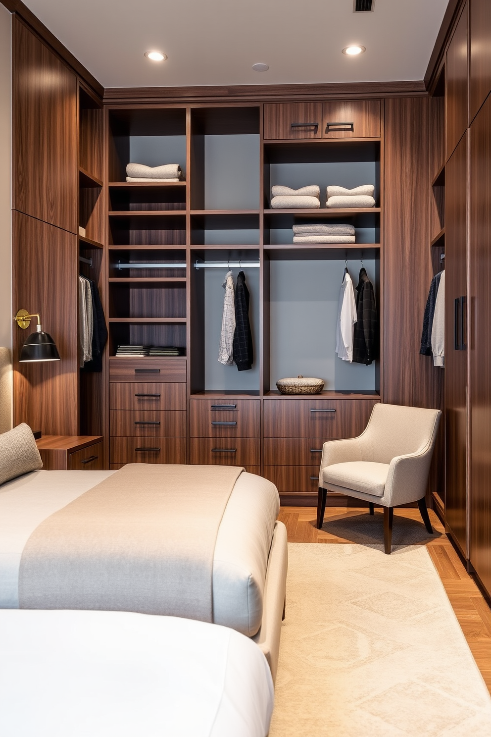 A stylish men's bedroom featuring a custom closet solution that maximizes storage and organization. The closet includes built-in shelves, hanging space, and drawers, all crafted from rich wood with sleek hardware. The bedroom showcases a modern aesthetic with a large upholstered bed, a minimalist nightstand, and a comfortable reading chair. Soft, neutral tones dominate the color palette, creating a serene and inviting atmosphere.