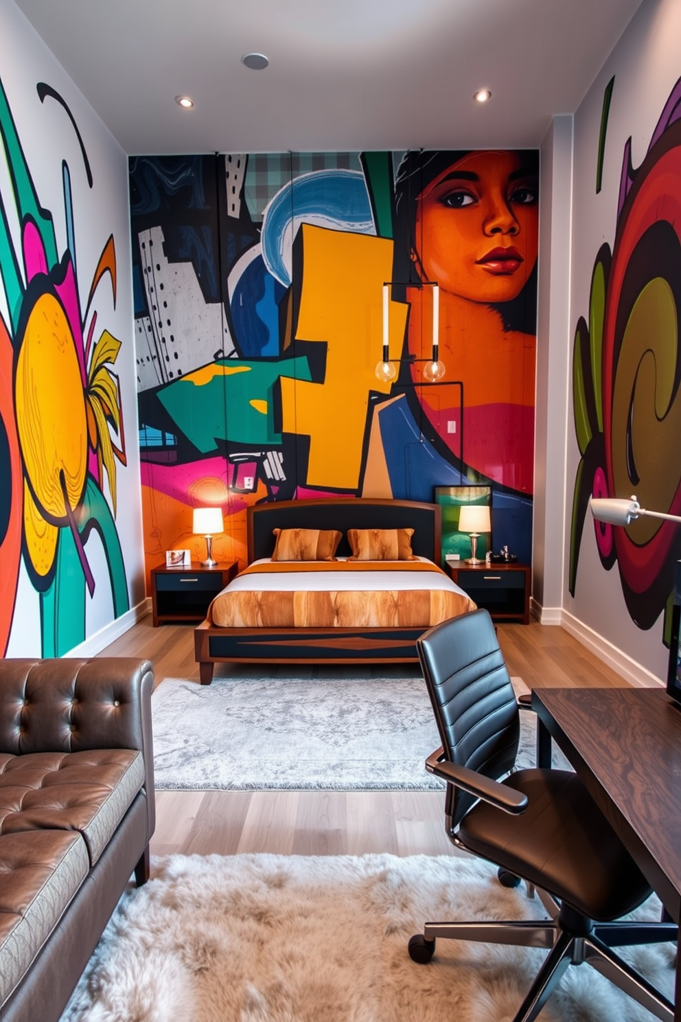 Artistic murals adorn the walls, featuring vibrant colors and abstract designs that create a dynamic atmosphere. A plush bed with a dark wood frame is centered against the mural, complemented by sleek bedside tables and modern lamps. The room incorporates a mix of textures with a soft area rug underfoot and leather accents in the seating area. A stylish desk with an ergonomic chair completes the space, providing a functional yet aesthetically pleasing environment.