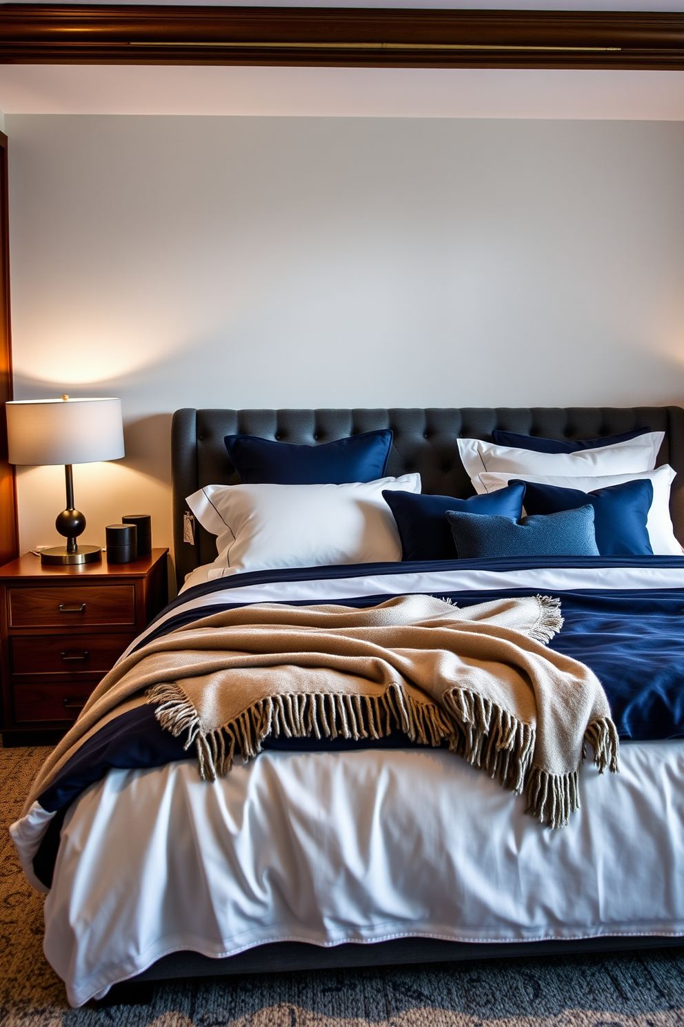 A luxurious men's bedroom retreat features a king-sized bed adorned with high-thread-count linens in deep navy and crisp white accents. A plush velvet headboard adds sophistication while a cashmere throw is casually draped at the foot of the bed for added warmth. Rich wood furniture complements the bedding, with a sleek nightstand on either side of the bed holding stylish lamps. The room is illuminated by soft, ambient lighting, creating a serene atmosphere perfect for relaxation.