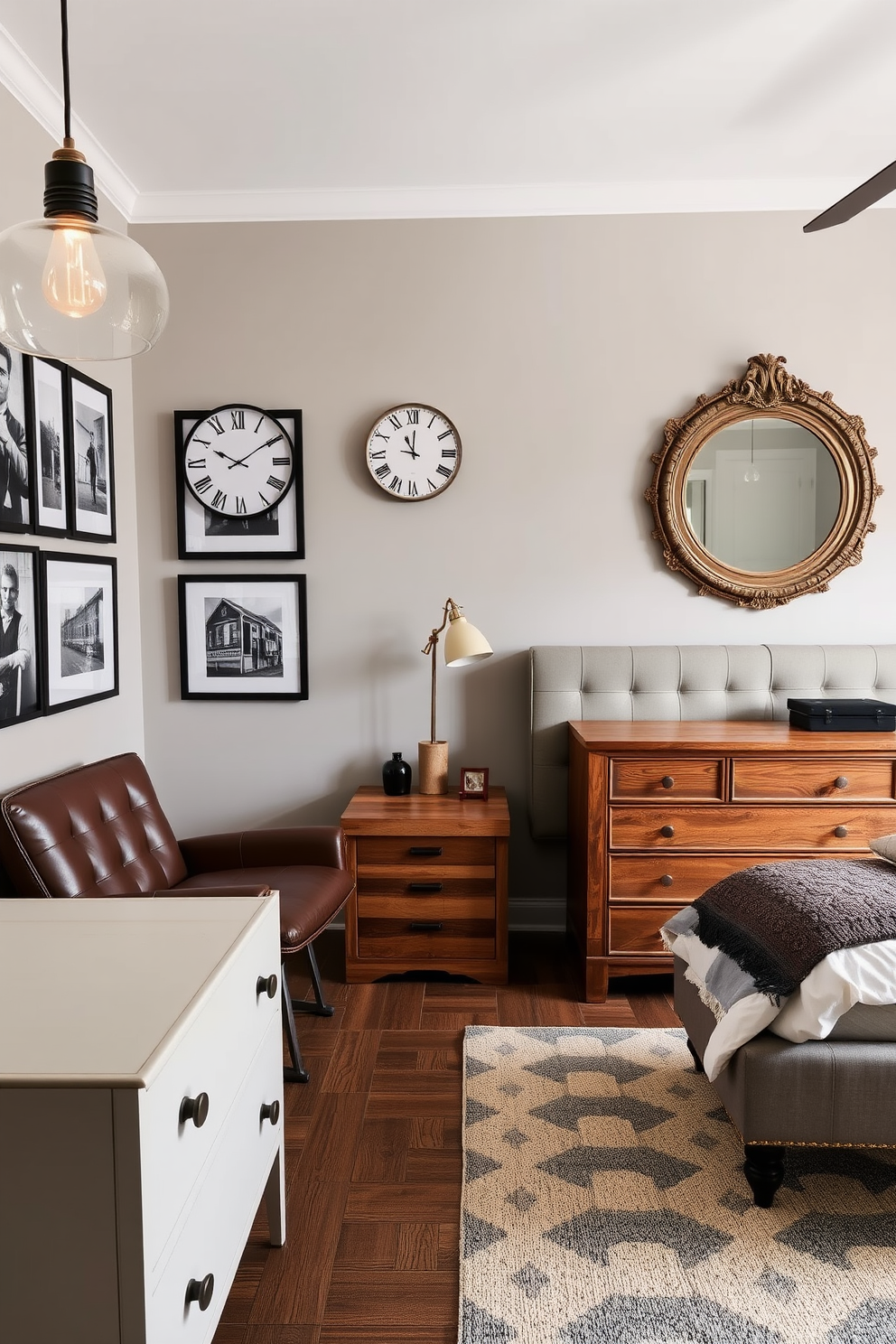 A modern men's bedroom featuring smart home technology for convenience. The room includes a sleek bed with built-in charging ports and adjustable lighting controlled by a mobile app. A stylish nightstand with a voice-activated assistant sits beside the bed. The walls are adorned with dark wood paneling, and an automated window treatment allows for easy control of natural light.