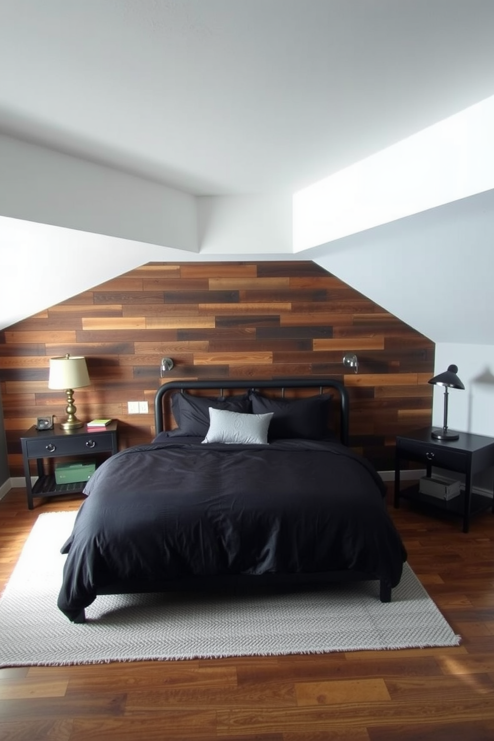 A cozy men's bedroom featuring an accent wall made of reclaimed wood that adds warmth and character to the space. The room is furnished with a king-sized bed dressed in dark linens, complemented by industrial-style bedside tables and a vintage lamp on each side.