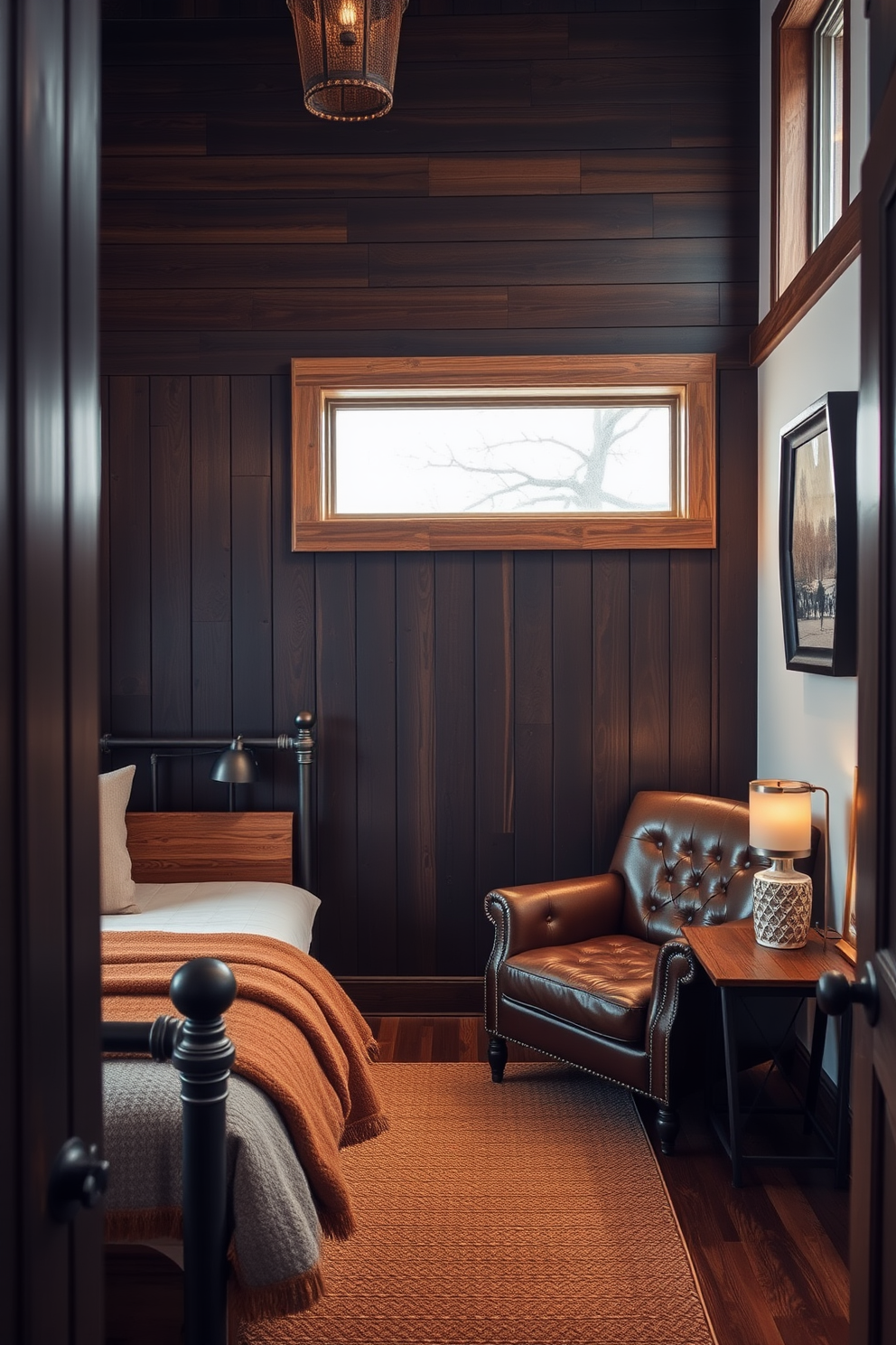 A cozy men's bedroom featuring rustic wood accents throughout the design. An industrial-style bed frame made of reclaimed wood is complemented by metal fixtures and warm lighting. The walls are adorned with dark wood paneling, creating a warm and inviting atmosphere. A vintage leather armchair sits in the corner, paired with a small wooden side table for added functionality.