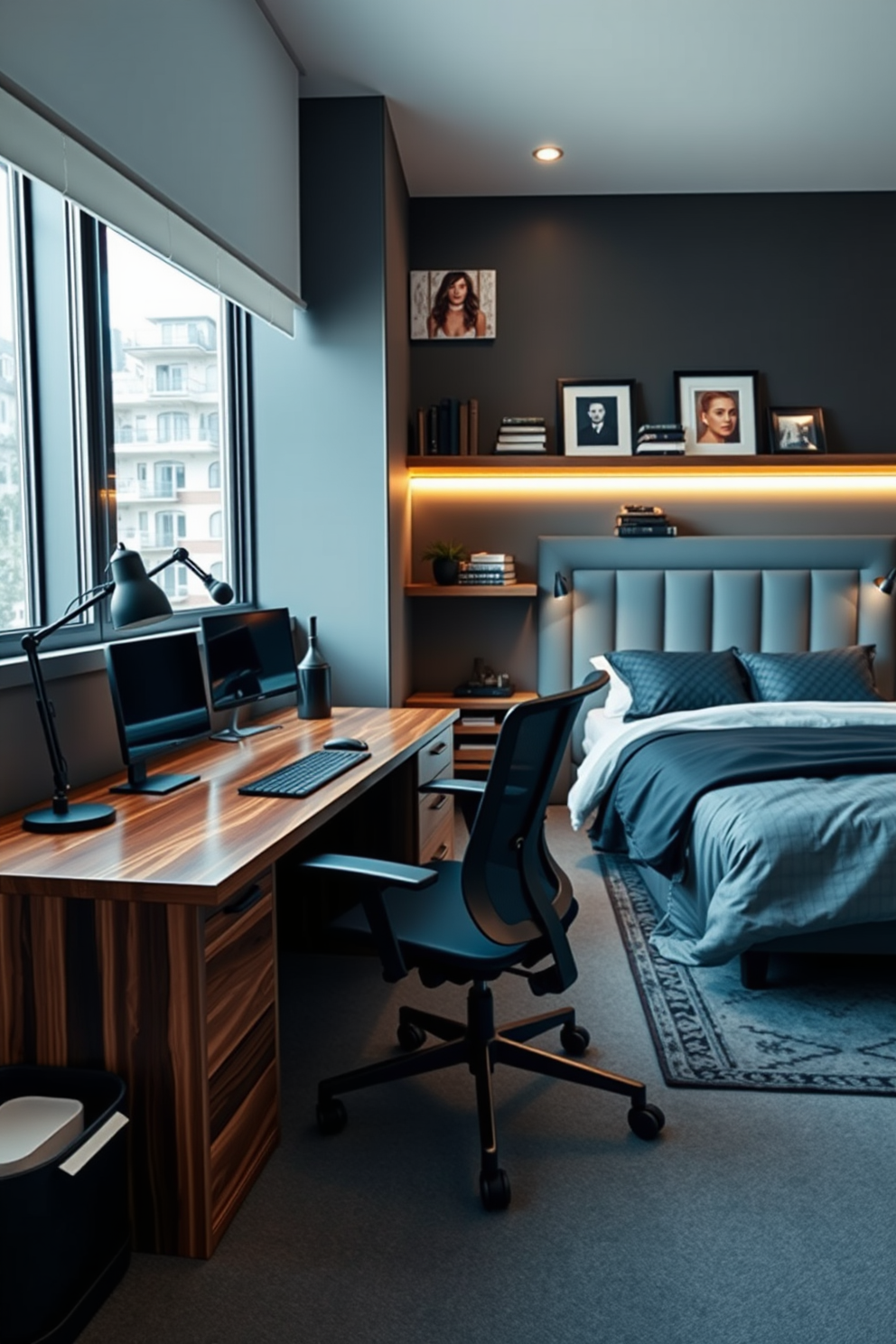 A stylish desk area designed for productivity features a sleek wooden desk paired with a comfortable ergonomic chair. Natural light floods the space through a large window, illuminating organized shelves filled with books and decorative items. In the men's bedroom design ideas, a modern bed with a plush headboard is centered against the wall. The color palette includes deep blues and grays, complemented by warm wood accents and strategically placed ambient lighting.